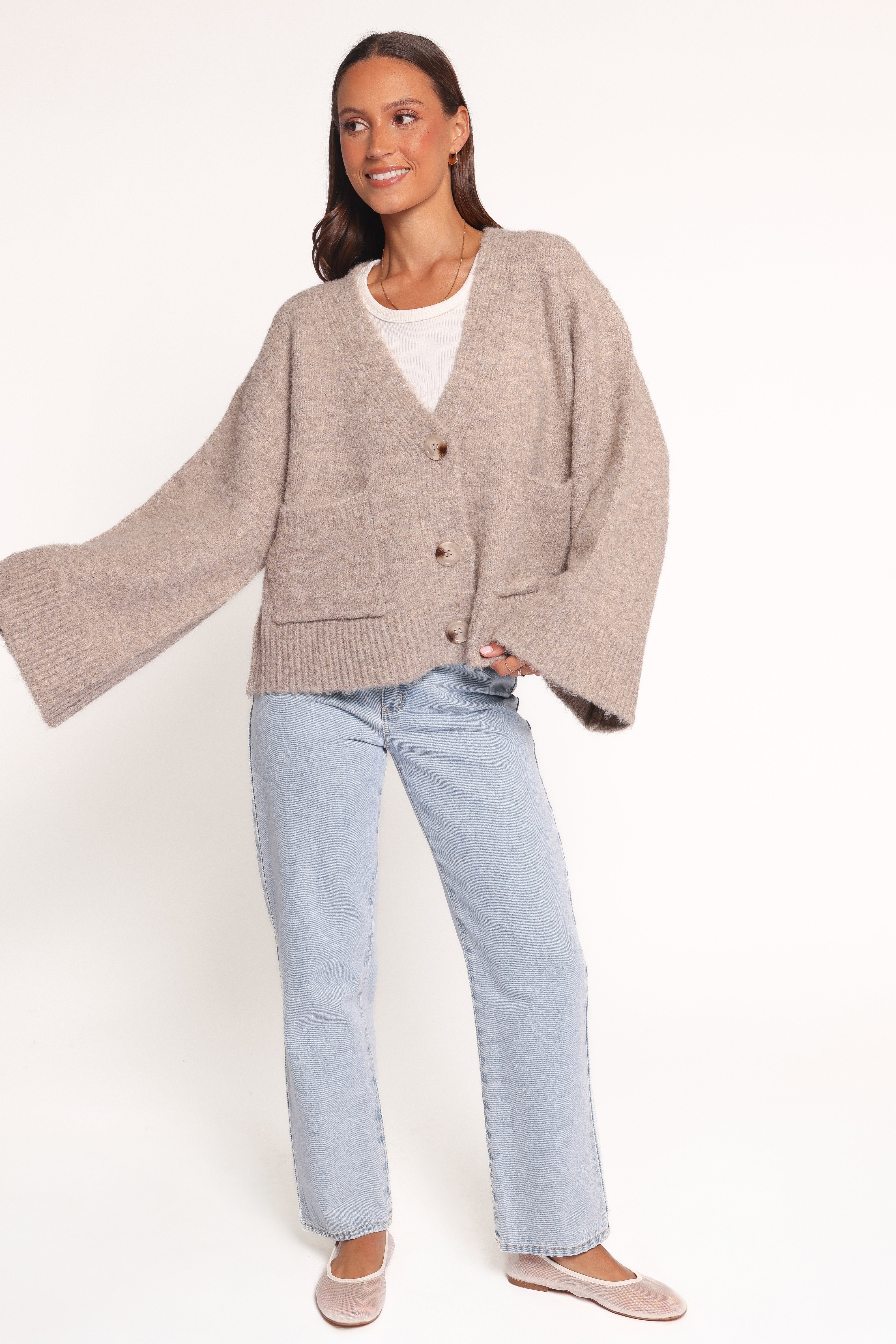 Fern Wide Sleeve Cardigan - Soft Knit Open Front Sweater for Women | Cozy Mushroom Color | Perfect for Fall Layering & Casual Outfits