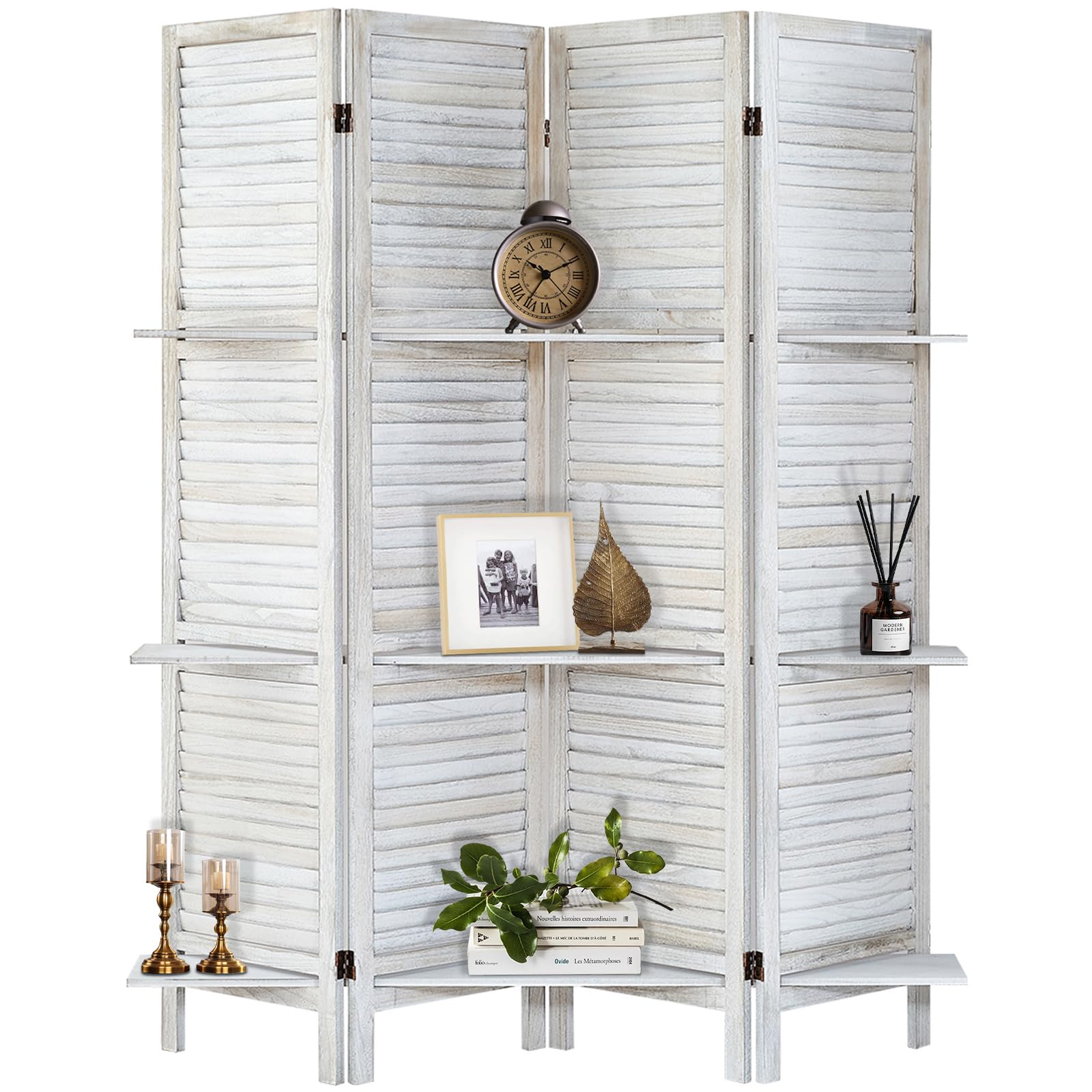 4-Panel Wooden Room Divider with Shelves - Folding Privacy Screen & Temporary Wall Partition - Coconut Finish for Home, Office & Studio Separation