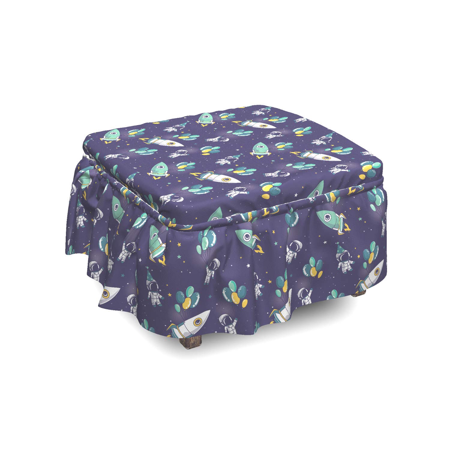 Ambesonne 2-Piece Ottoman Slipcover Set with Ruffle Skirt - Balloons & Rockets Design for Square/Round Footstools - Violet Blue Teal & Yellow Decorative Home Accent - Perfect for Living Room, Bedroom or Party Decor