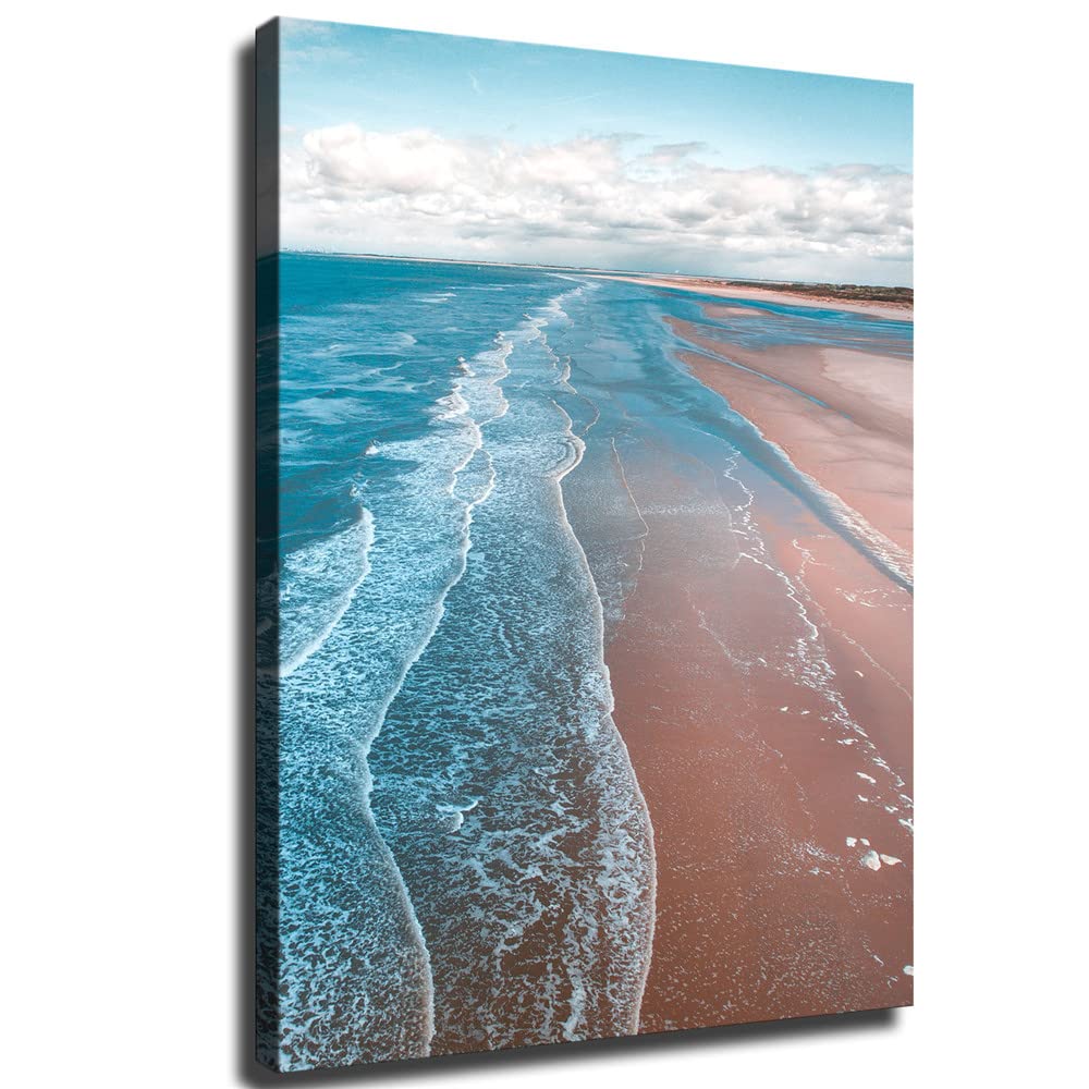 Blue Sea Sunset Beach Painting on Canvas - Framed Wall Art Decor (24x36 inch/60x90 cm) for Living Room, Bedroom & Office | Coastal Seascape Mural Prints