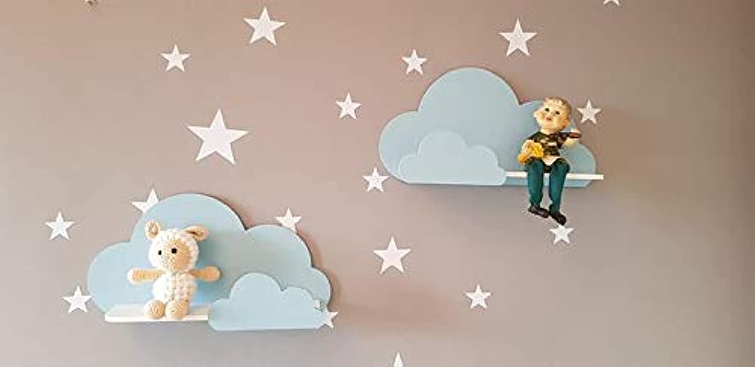 Happy Woody Set of 2 Cloud-Shaped Wooden Floating Wall Shelves - Nursery Decor, Baby Room Wall Shelves, Kids Bedroom Storage - Perfect for Organizing Books, Toys & Decorations (Soft Blue)