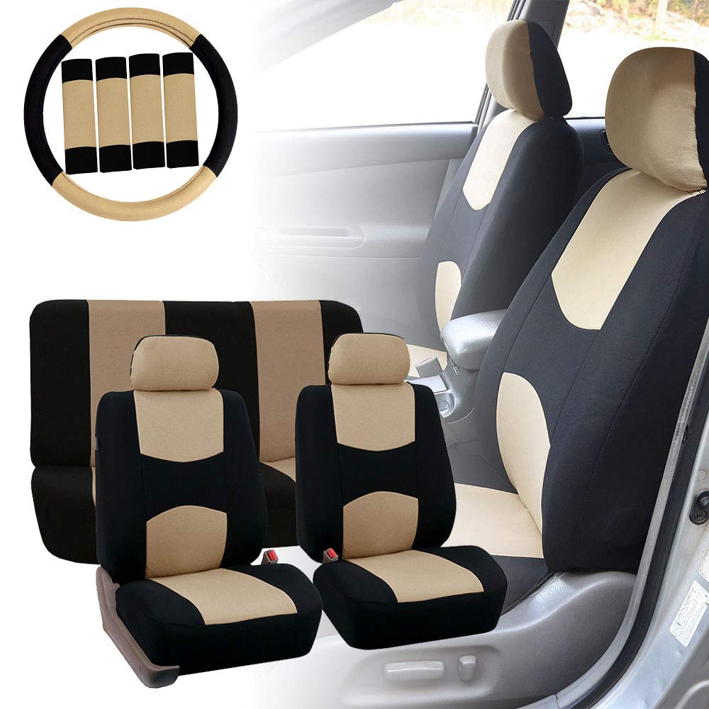 TLH Automotive Universal Fit Car Seat Covers Full Set with Steering Wheel Cover & Seat Belt Pads - Beige Flat Cloth Interior Accessories for Cars, Trucks & SUVs | Perfect for Daily Commute, Road Trips & Vehicle Protection