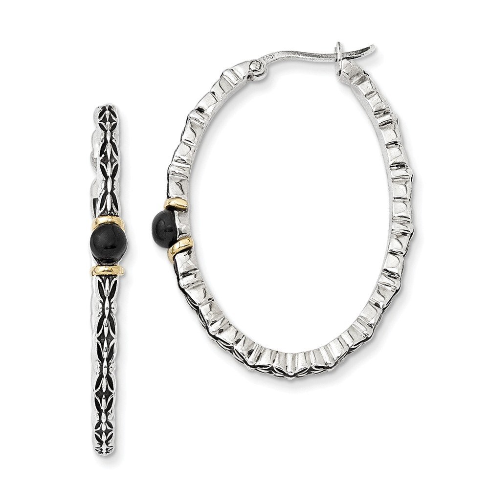 14k Gold Plated Sterling Silver 4.5mm Onyx Oval Hoop Earrings for Women - Elegant Button Style Dangle Earrings for Party, Wedding & Everyday Wear