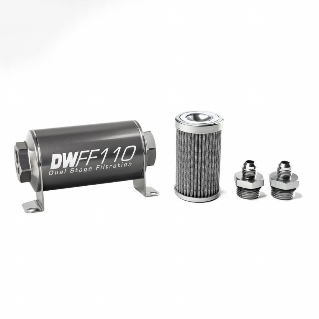 DeatschWerks Universal Inline Fuel Filter Housing Kit - 6AN 100 Micron 110mm Stainless Steel | High Performance Fuel Filtration for Cars, Trucks & Racing Vehicles