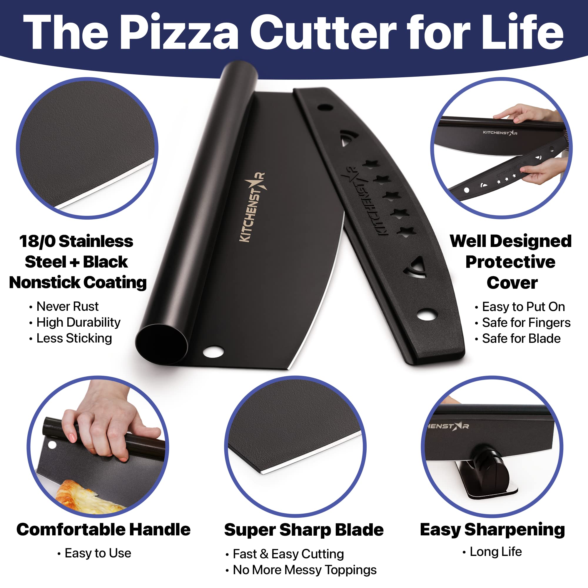 KitchenStar 12-Inch Stainless Steel Pizza Cutter Rocker - Sharp Black Non-Stick Pizza Slicer Knife with Blade Cover - Professional Pizza Making Tools & Oven Accessories - Dishwasher Safe - Perfect for Home Kitchens, Pizzerias, and Party Food Prep