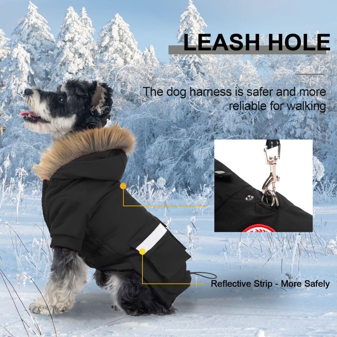 Waterproof & Windproof Dog Jacket for Small Dogs - Winter Coat with Reflective Strips & Faux Fur Hood - Warm Flannel-Lined Snow Coat with Pocket - Ideal for Cold Weather Walks, Outdoor Adventures & Nighttime Safety