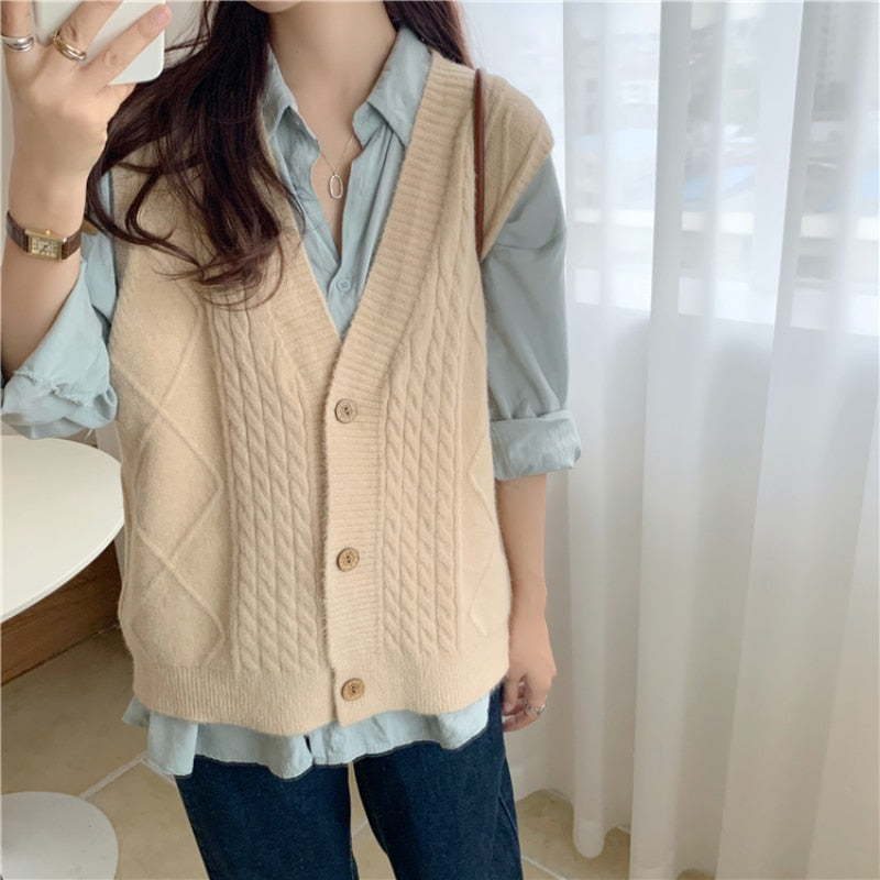 Women's Autumn Knit Vest Sweater - Loose Fit V-Neck Sleeveless Cardigan | Korean Fashion Solid Color Casual Top for Layering & Office Wear