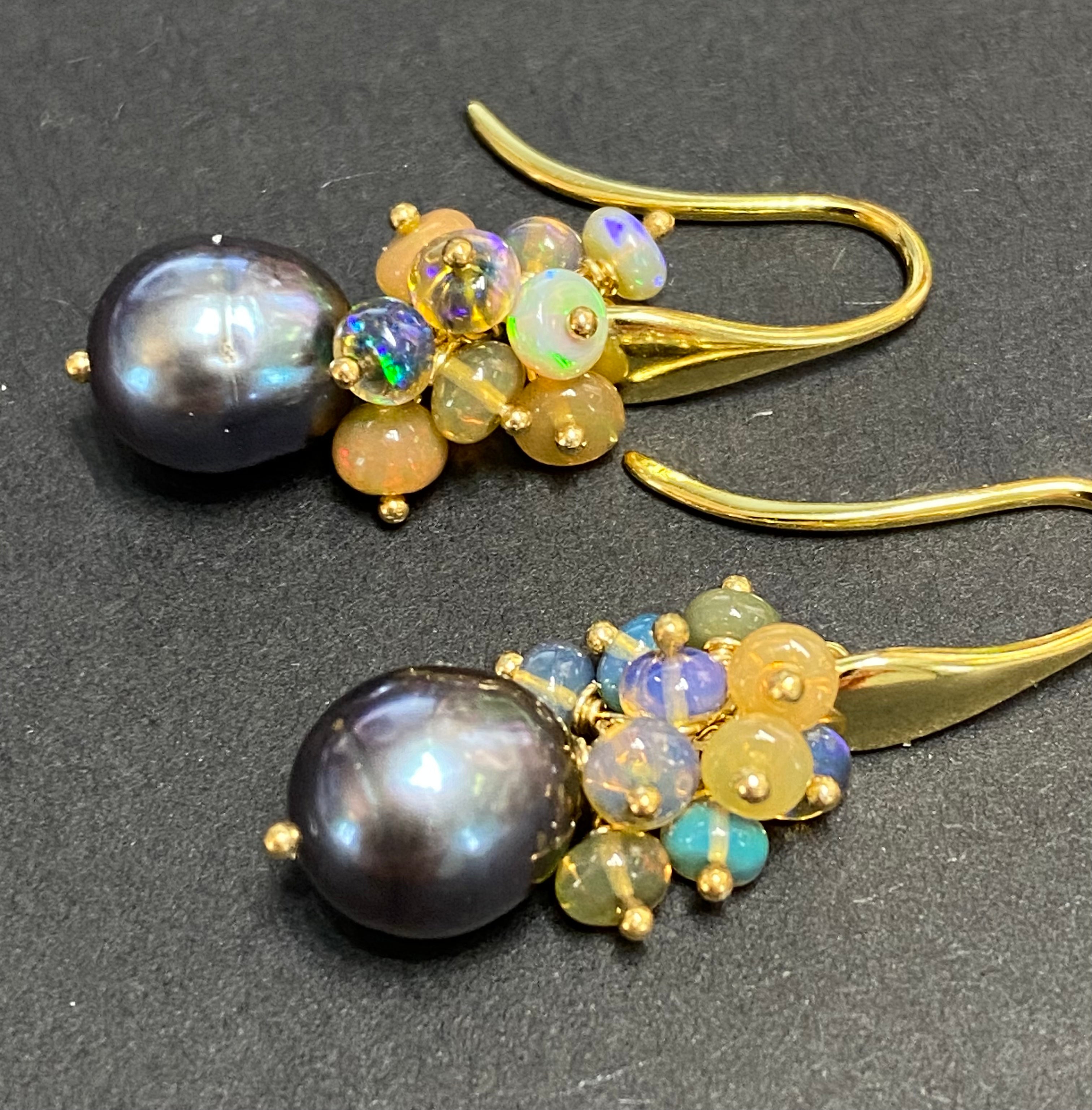 Elegant Baroque Pearl & Opal Cluster Gold Earrings for Women | Black & Grey Vintage Style Jewelry | Perfect for Weddings, Parties & Special Occasions