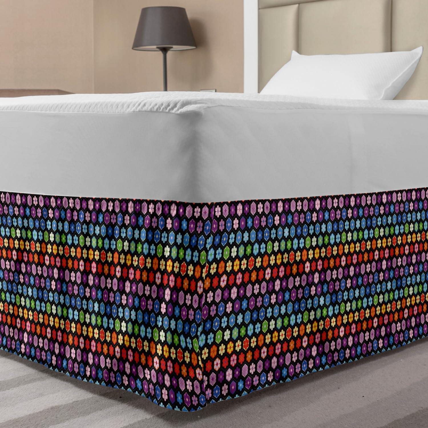 Ambesonne Vibrant Daisy Flower Bed Skirt - Elastic Hexagonal Comb Pattern Dust Ruffle Wrap Around for Queen/King Size Beds - Colorful Bohemian Bedding Decor for Master Bedroom, Guest Room & Nursery
