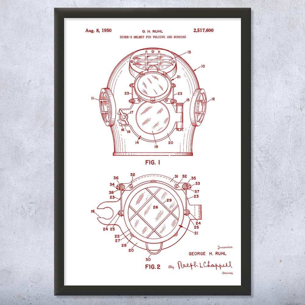 Patent Earth Framed Underwater Welders Helmet Print - Unique Welding Gift for Scuba Divers, Dive Instructors & Ocean Lovers - Red & White Wall Art (12x16) - Perfect for Scuba Diving Decor, Man Cave, Office or Workshop Display