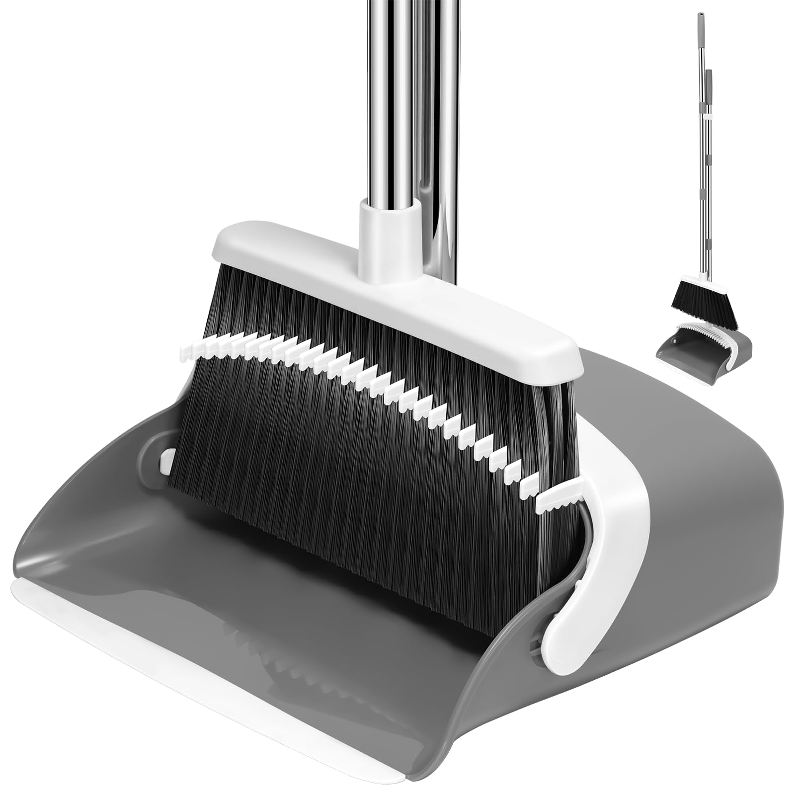 **52-inch Adjustable Broom and Dustpan Set with Dustpan Teeth - Long Handle Sweeping Combo for Hair & Debris - Ideal for Home, Kitchen, Office & Hall Floors (Grey & White)**    *(Perfect for Hardwood, Tile & Laminate Floors - Easy Storage & Efficient Cleaning!)*