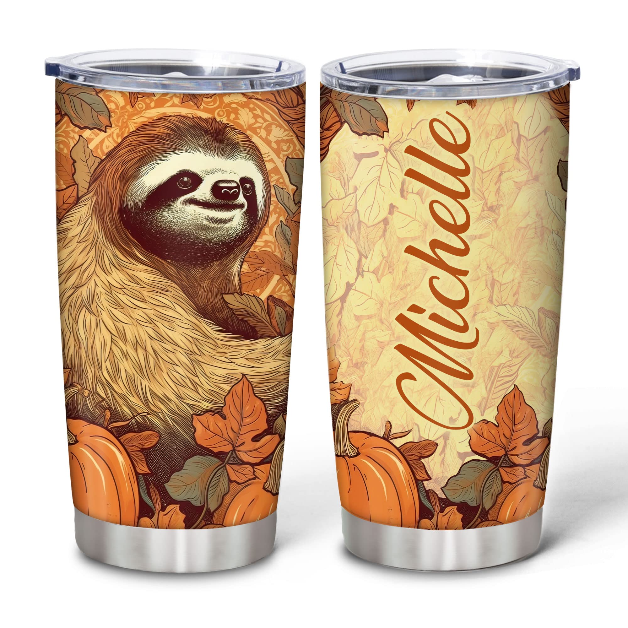 Personalized Sloth Stainless Steel Tumbler 20oz with Lid - Custom Name Floral Sloth Lover Gift for Women & Girls - Perfect for Birthday, Christmas, Office & Travel