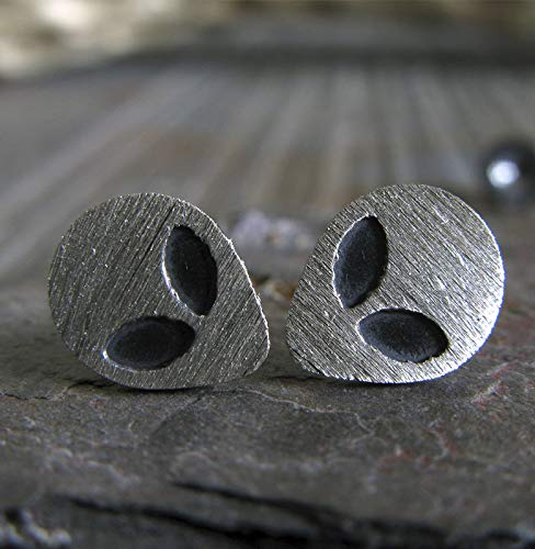 Handmade Alien Stud Earrings in Brushed Sterling Silver - USA Made | Unique Sci-Fi Jewelry for Everyday Wear & Cosplay