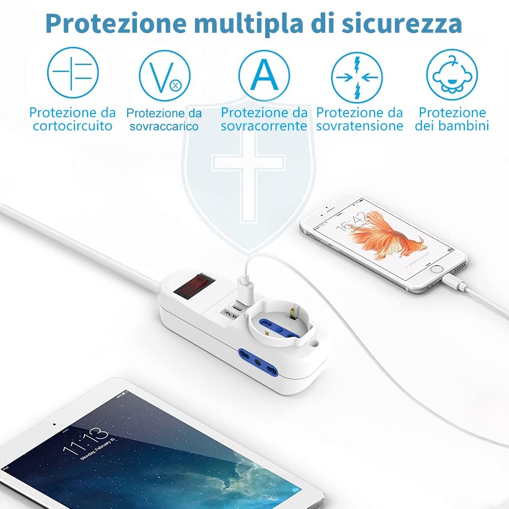 Mscie Multipurpose Travel Power Strip with 3 Outlets (1 Universal & 2 US/EU), 3 USB Ports (2 USB-A + 1 USB-C), Compact Design, White, 2500W/250V, 1.5m Cable - Perfect for Hotels, Dorms & International Travel