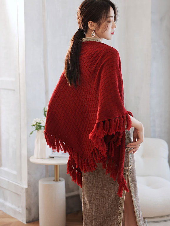 Beige and Red Checkered Winter Shawl Wrap Scarf with Fringe Tassels - Warm Fashion Accessory for Women, Perfect for Cold Weather, Parties and Holiday Outfits
