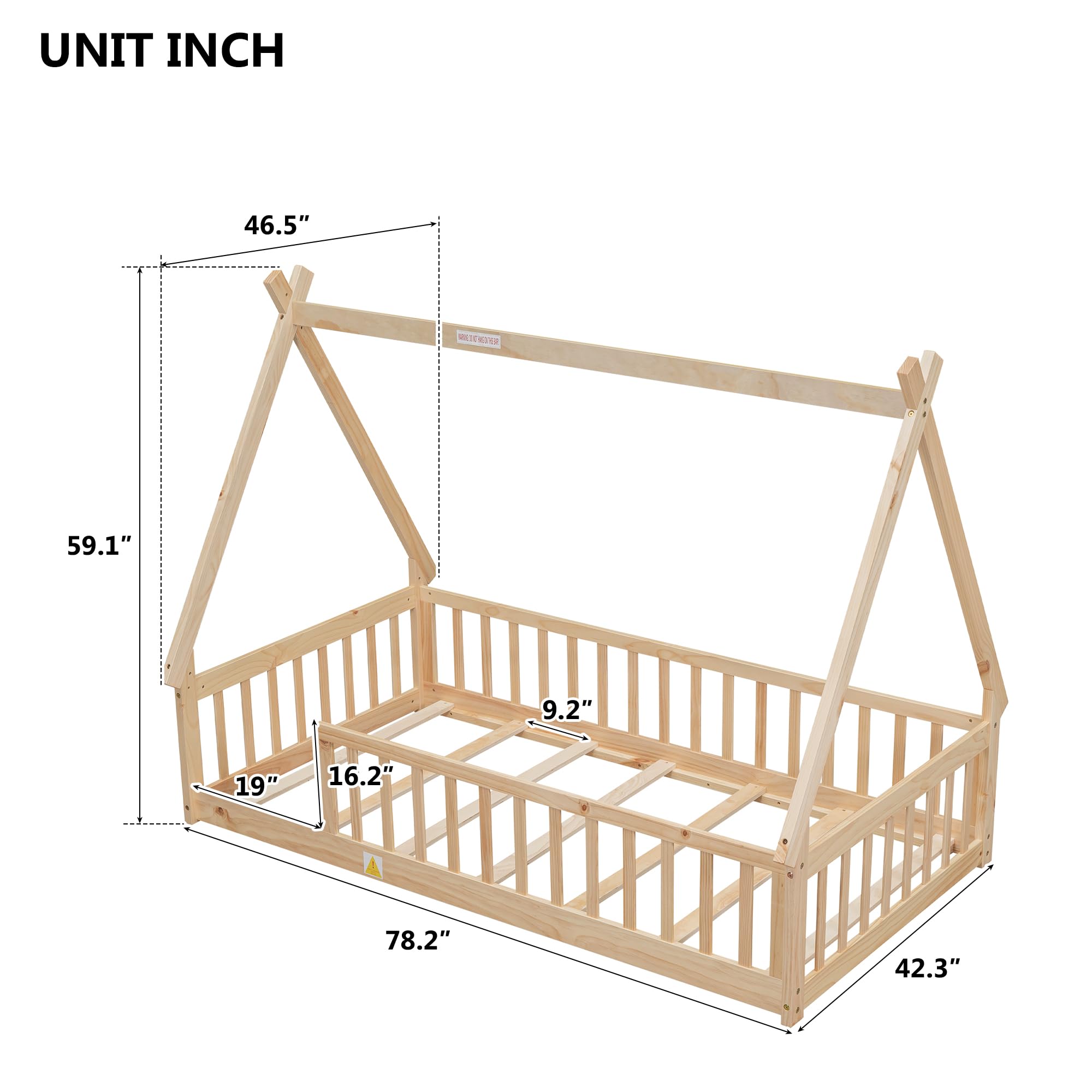 Montessori Floor Bed for Kids - Twin Size Teepee Tent Bed with Slats & Safety Rails, Natural Wood House Bed Frame for Boys & Girls | Perfect for Montessori Rooms, Playrooms & Cozy Bedtime Reading Nooks