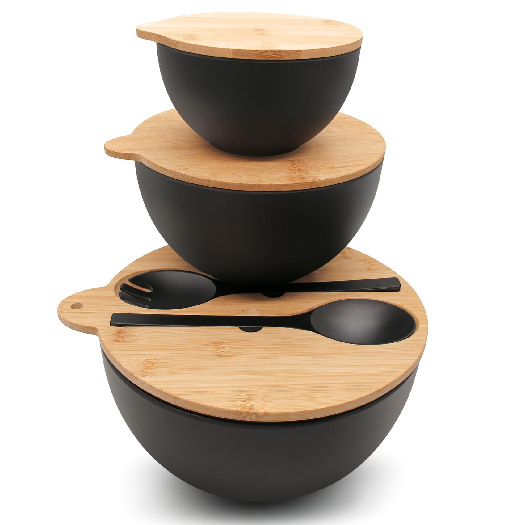 3-Piece Bamboo Fiber Salad Bowl Set with Seal Lid & Serving Utensils - Large Mixing Bowls for Kitchen, Pasta, Popcorn, Fruit - Perfect for Meal Prep, Entertaining & Food Storage (Black)