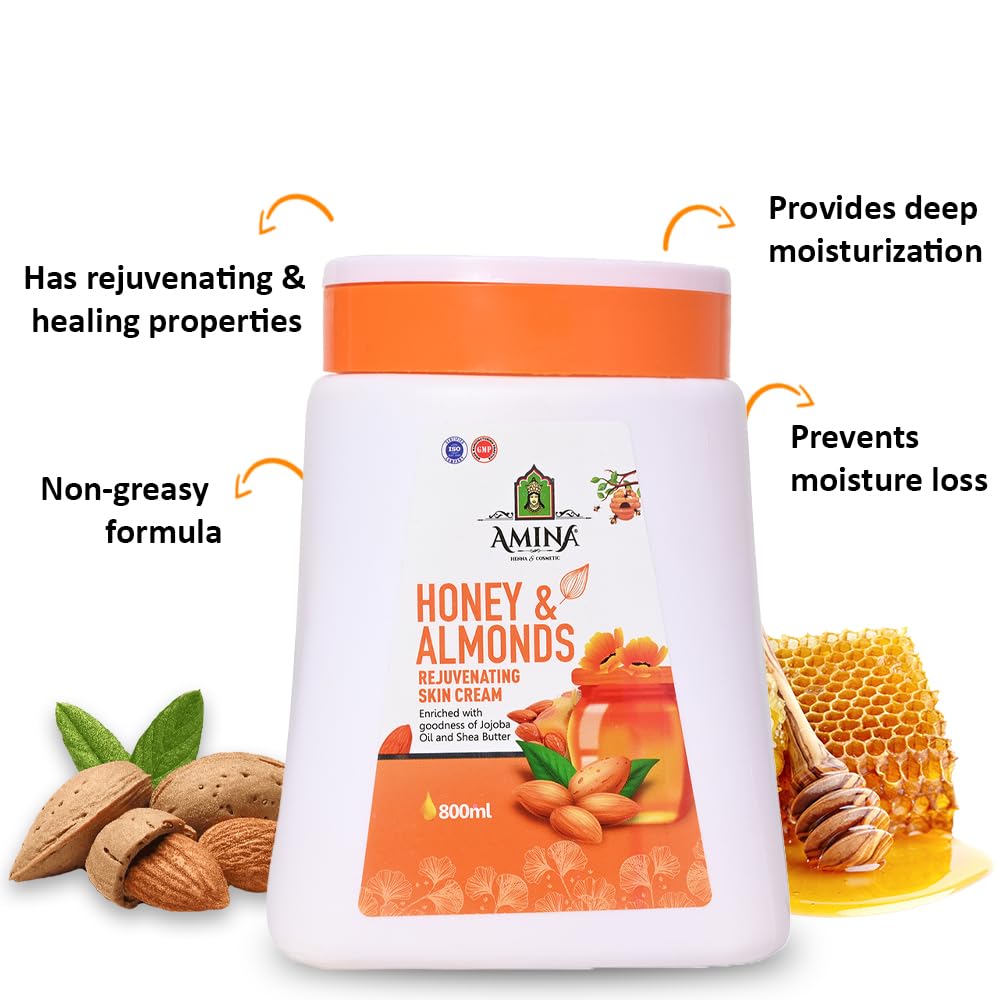 AMINA Honey & Almonds Rejuvenating Skin Cream with Jojoba Oil & Shea Butter - Deeply Nourishing Face & Body Moisturizer for Dry Skin (800ml) | Perfect for Daily Hydration, Night Care & Winter Skin Protection