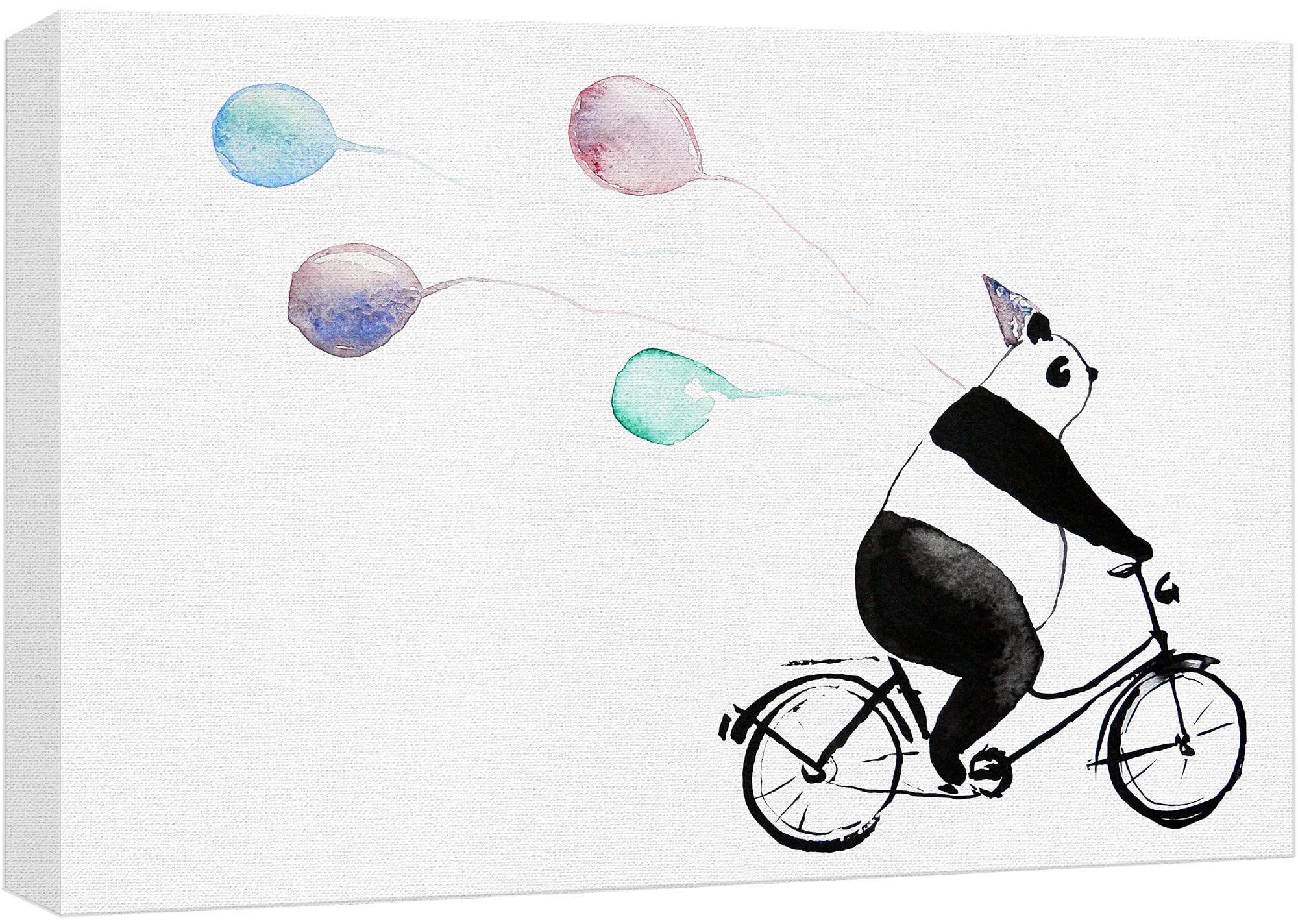 Wall26 Canvas Print - Watercolor Panda Riding Bike with Pastel Balloons, Wildlife Illustration Pop Art for Living Room, Bedroom, Office Decor - 32x48 Inch - Perfect for Nursery, Kids Room & Modern Home Decor