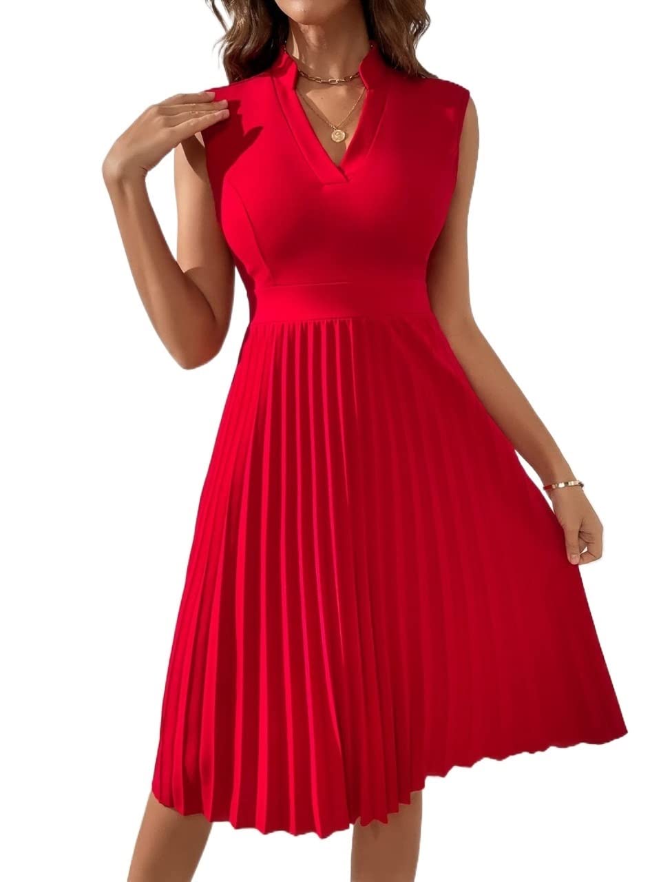 2024 Women's Summer Stand Collar Pleated Maxi Dress - Solid Color Notch Neckline Casual Beach Dress for Vacation, Party & Everyday Wear