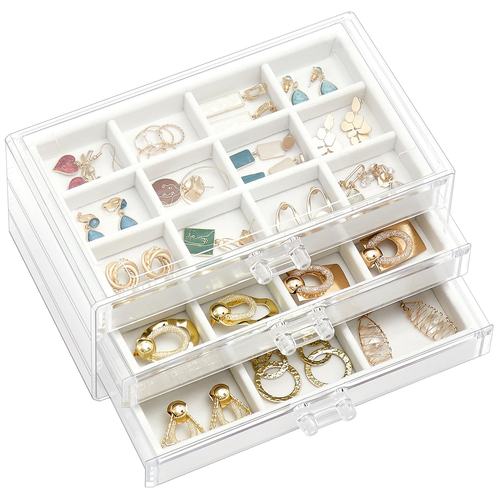 ProCase Acrylic 3-Drawer Jewelry Box with Adjustable Velvet Trays - Clear Earring Holder Organizer for Women, Warm White | Perfect for Bedroom Vanity, Travel & Gift Giving