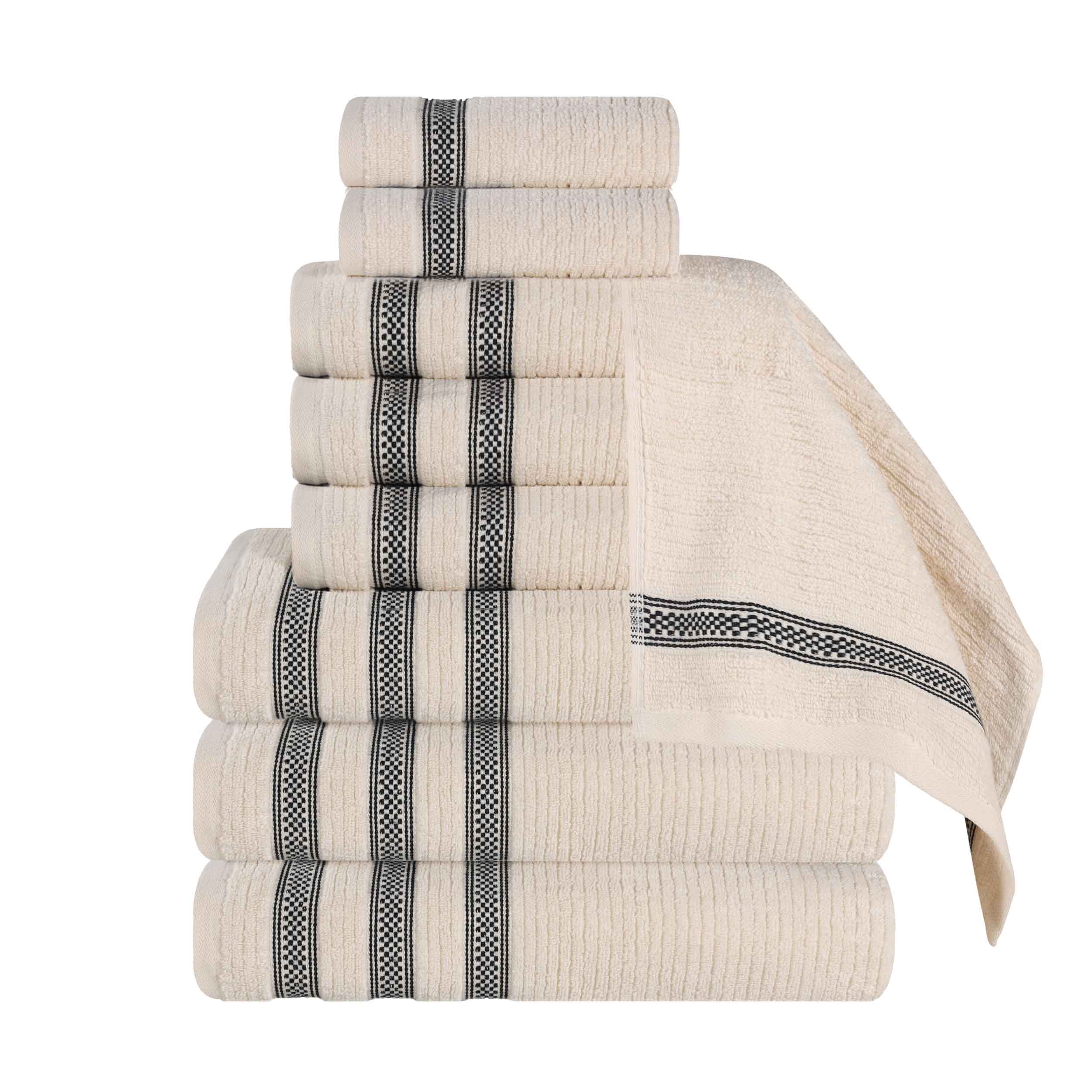 Zero Twist Cotton Ribbed Geometric Border Plush 9-Piece Towel Set | Ultra Soft Bath & Beach Towels for Spa, Pool & Home Use