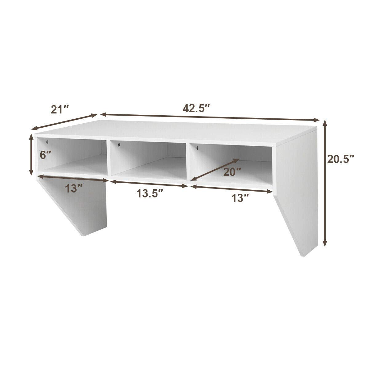 White Wall Mounted Floating Computer Desk with 3 Storage Shelves - Space Saving Laptop Study Table for Home Office, Bedroom & Living Room - Durable MDF Construction - Perfect for Small Spaces & Compact Workstations