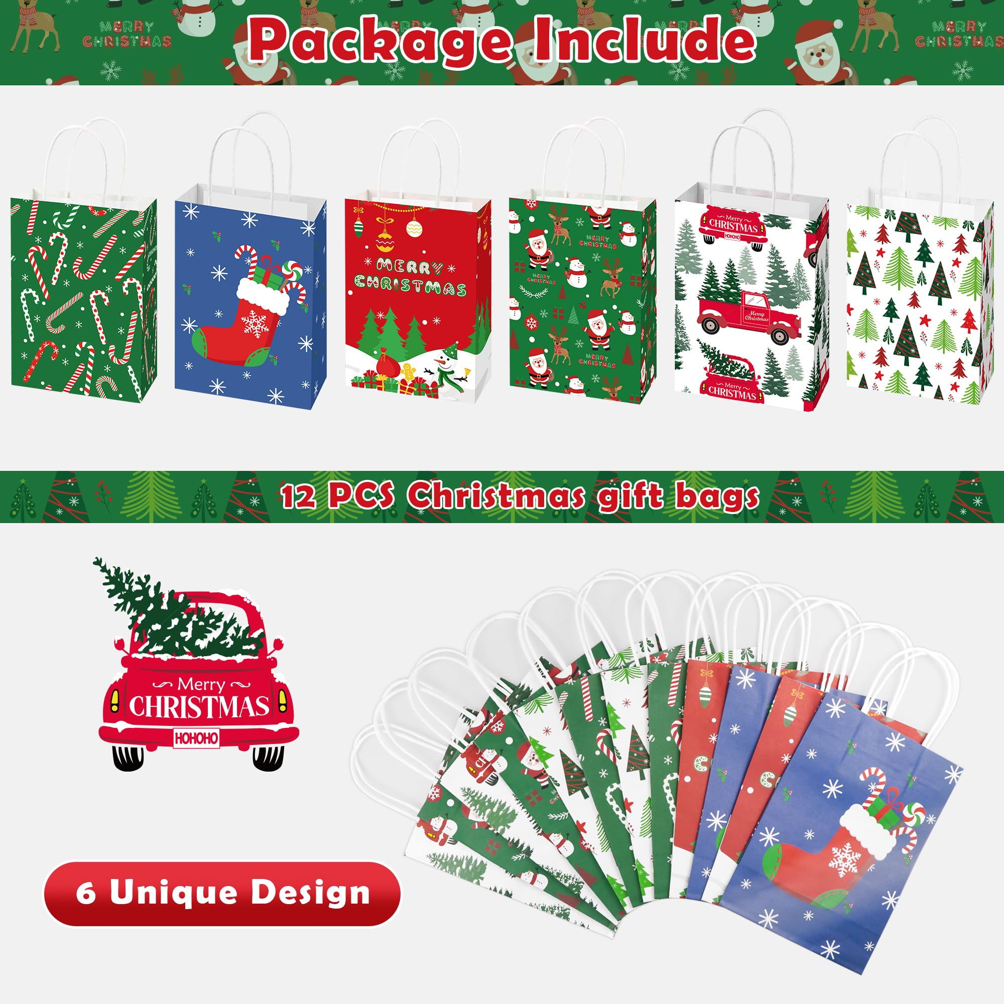 12 Pack Christmas Gift Bags for Presents - Small Holiday Treat Bags for Kids, Men & Women | Perfect for Christmas Party Favors, Stocking Stuffers & Gift Exchanges