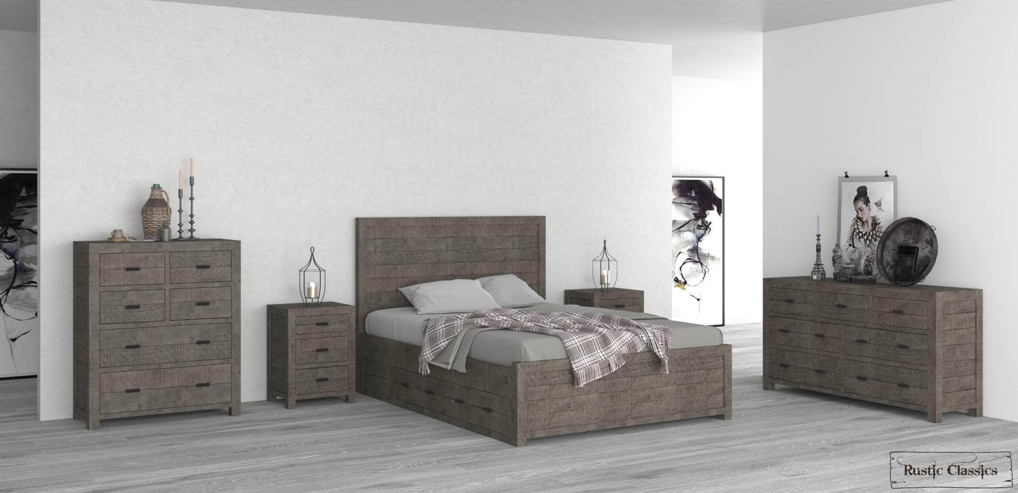 Whistler 5-Piece Reclaimed Wood Storage Platform Bedroom Set in Grey - Queen/King Size - Modern Farmhouse Bedroom Furniture for Cozy Home Decor