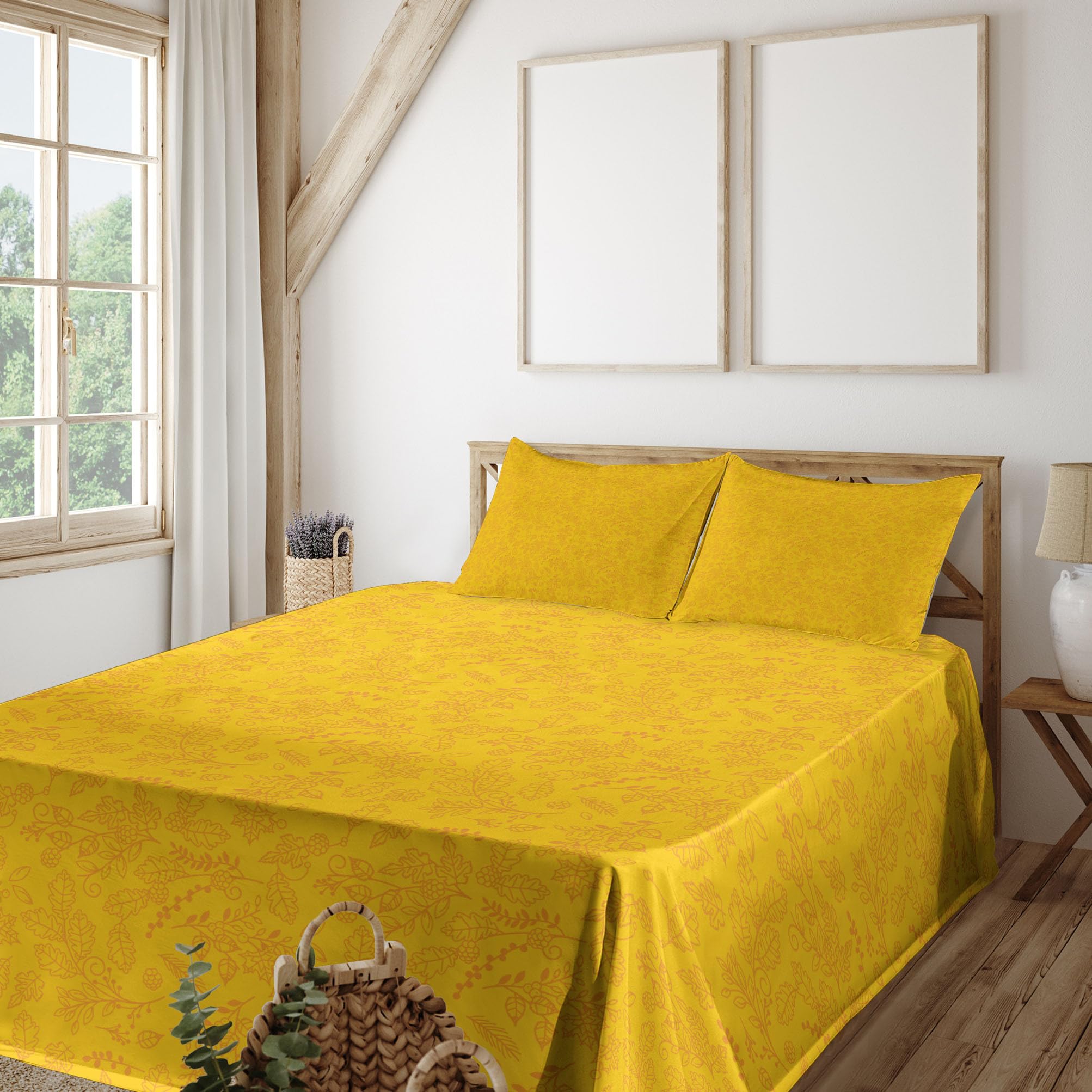 Ambesonne Floral King Sheet Set - 4 Piece Autumn Bay Leaf & Blueberry Pattern Bedding with Fitted Sheet, Flat Sheet & Pillowcases | Marigold Fall Decor for Cozy Seasonal Bedroom Styling