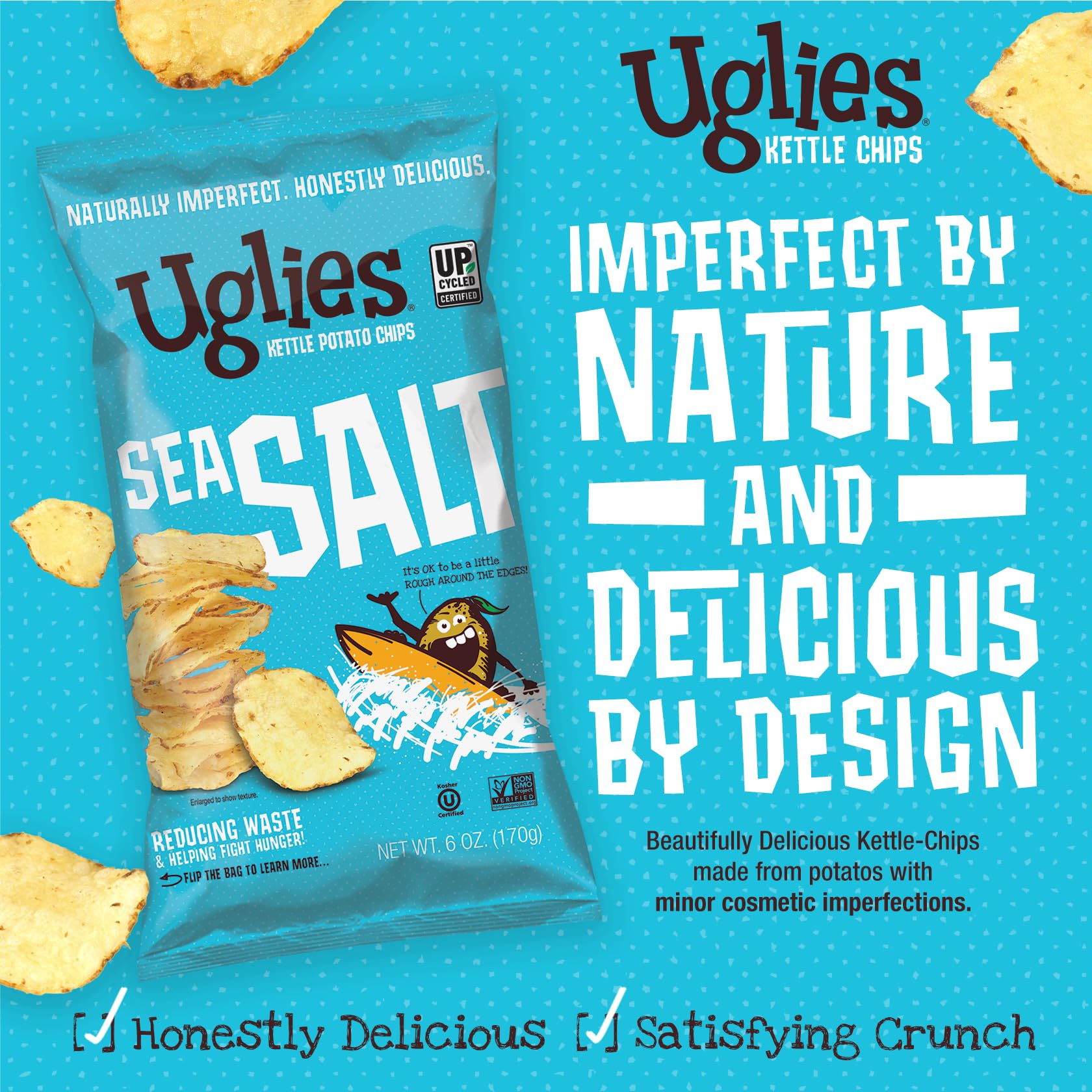 UGLIES Kettle-Cooked Potato Chips - Gluten Free, Kosher Certified, Non-GMO Snacks - Sea Salt Flavor, 6 Oz Individual Packs (Pack of 4) - Perfect for School Lunches, Office Snacking & On-the-Go Healthy Treats