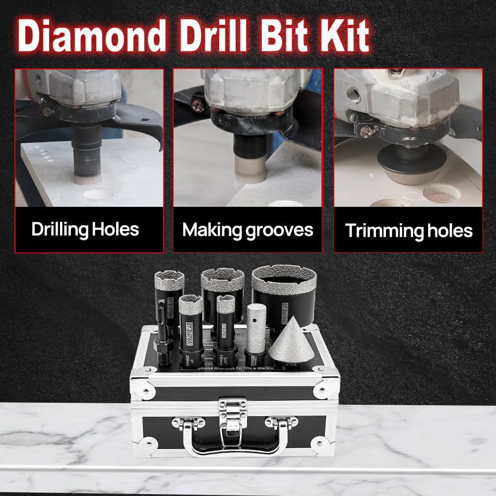 DT-DIATOOL 8-Piece Diamond Core Drill Bit Set - 19/25/35/51/76mm + 20mm Diamond Finger Bit + 50mm Diamond Chamfer Bit with SDS Adapter - Professional Hole Saw Kit for Porcelain, Ceramic Tile, Marble, Granite - Perfect for Bathroom Renovation, Kitchen Backsplash & Stone Countertop Installation