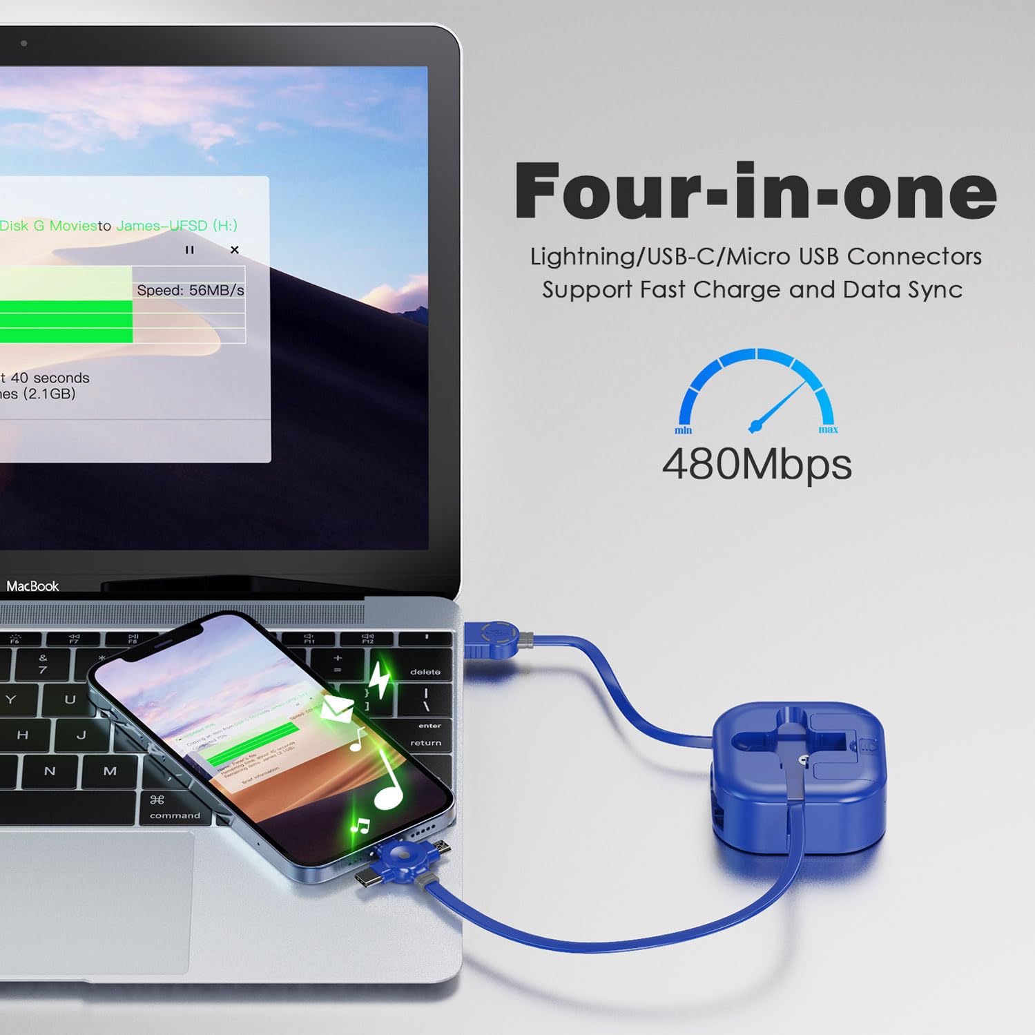 ASICEN 3-in-1 Retractable Charging Cable [1.2m] - Fast Charging USB Cable with Lightning/Type C/Micro USB for iPhone 15, Samsung Galaxy, Huawei, PS5, Tablets & Pixel - Perfect for Travel, Office & Home Use