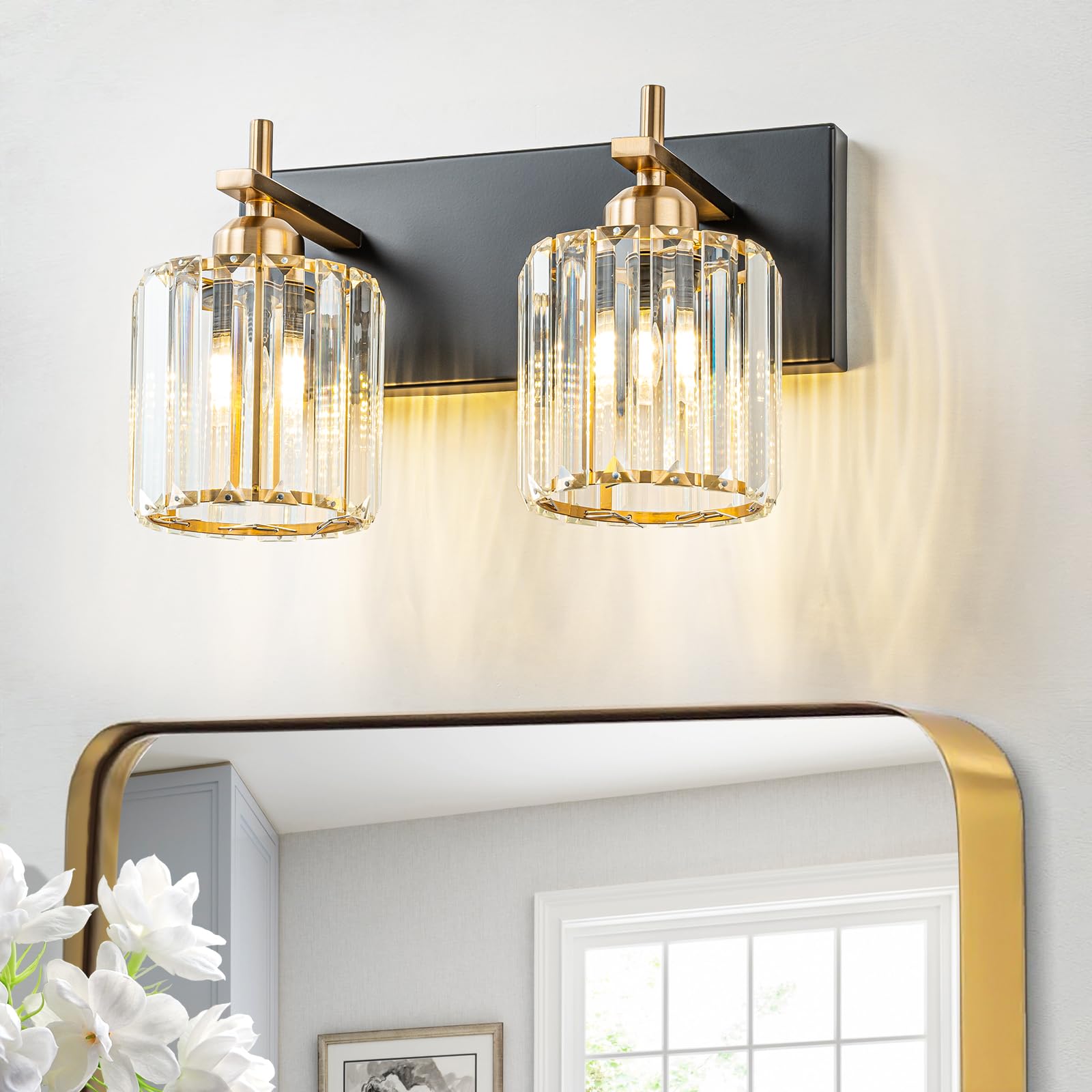 2-Light Crystal Bathroom Vanity Lights - Black Gold Modern Mirror Lighting Fixtures with Polished Gold Finish for Bathroom, Powder Room & Dressing Area | Elegant Wall Sconce for Vanity Mirror Illumination