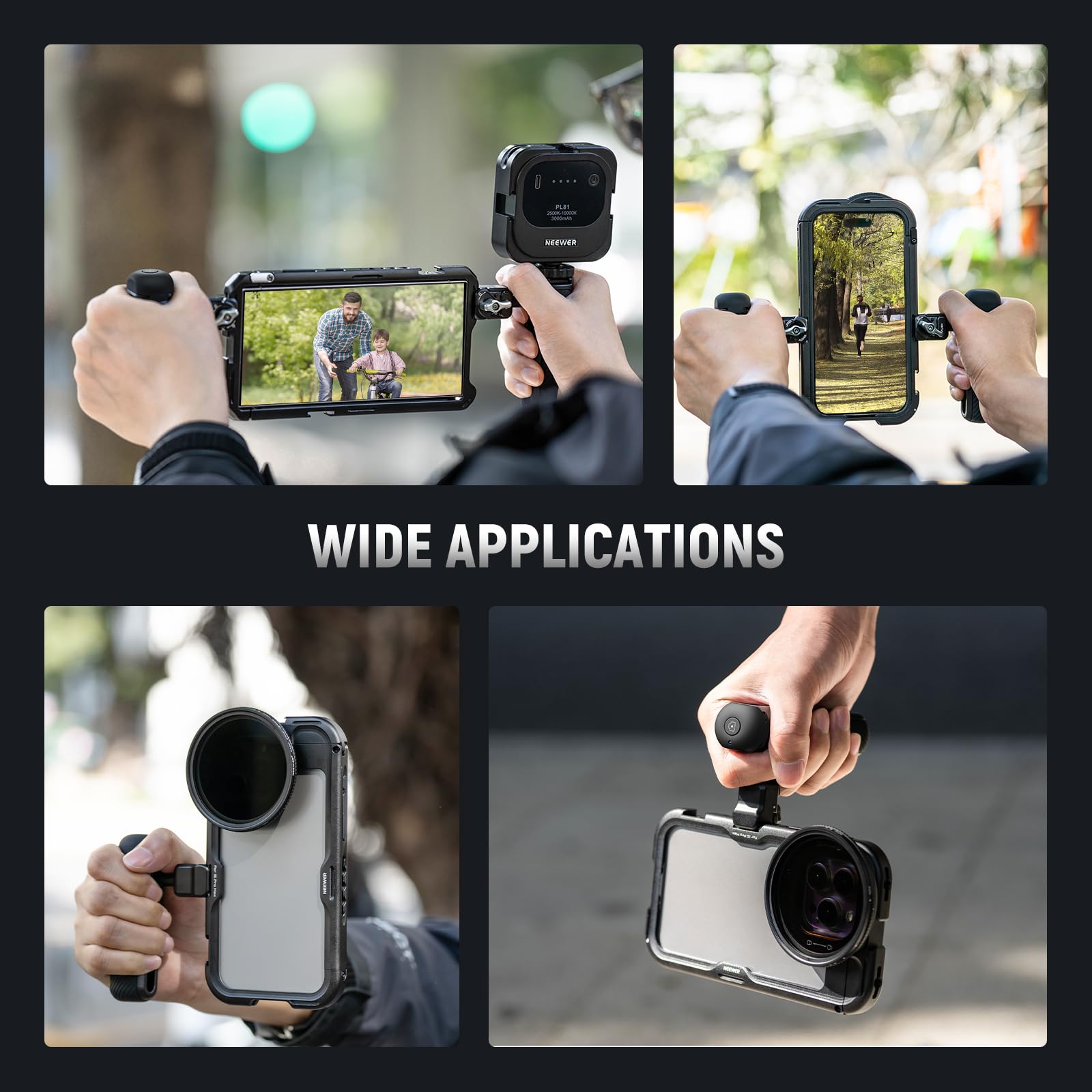 NEEWER PA045E Side Handle with Bluetooth Remote Shutter - Quick Release Clamp & Anti-Slip Cold Shoe Mount for iPhone 15 Pro/15 Pro Max & Galaxy S24 Ultra - Perfect for Vlogging, Live Streaming & Mobile Photography (Silver Lock)
