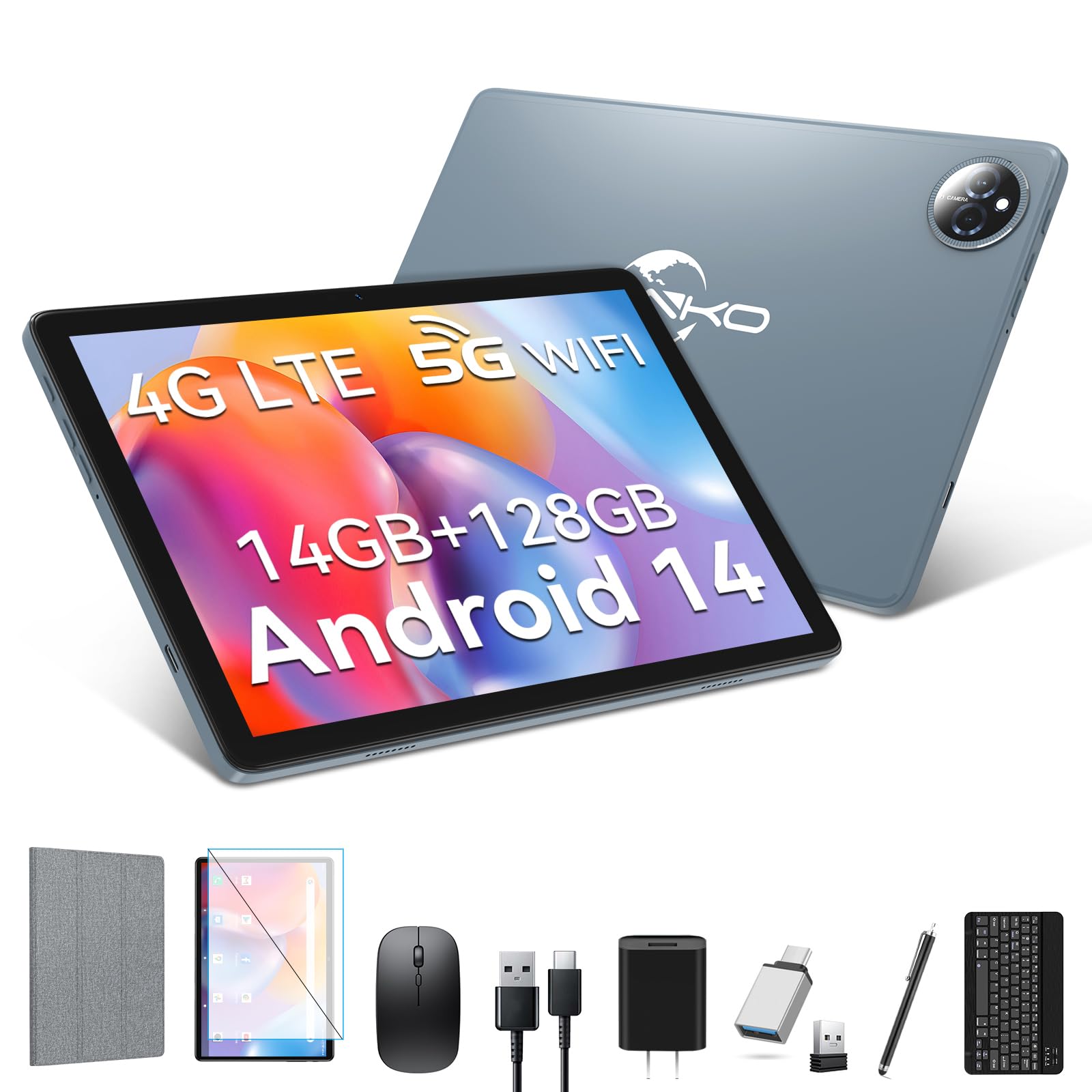 2025 Latest 10-inch Android 14 Tablet - 128GB ROM + 14GB RAM, 2TB Expandable Storage, 4G LTE Dual SIM, Octa-Core Processor, 8000mAh Battery - Includes Keyboard/Case/Mouse - Perfect for Work, Travel & Entertainment (Grey)