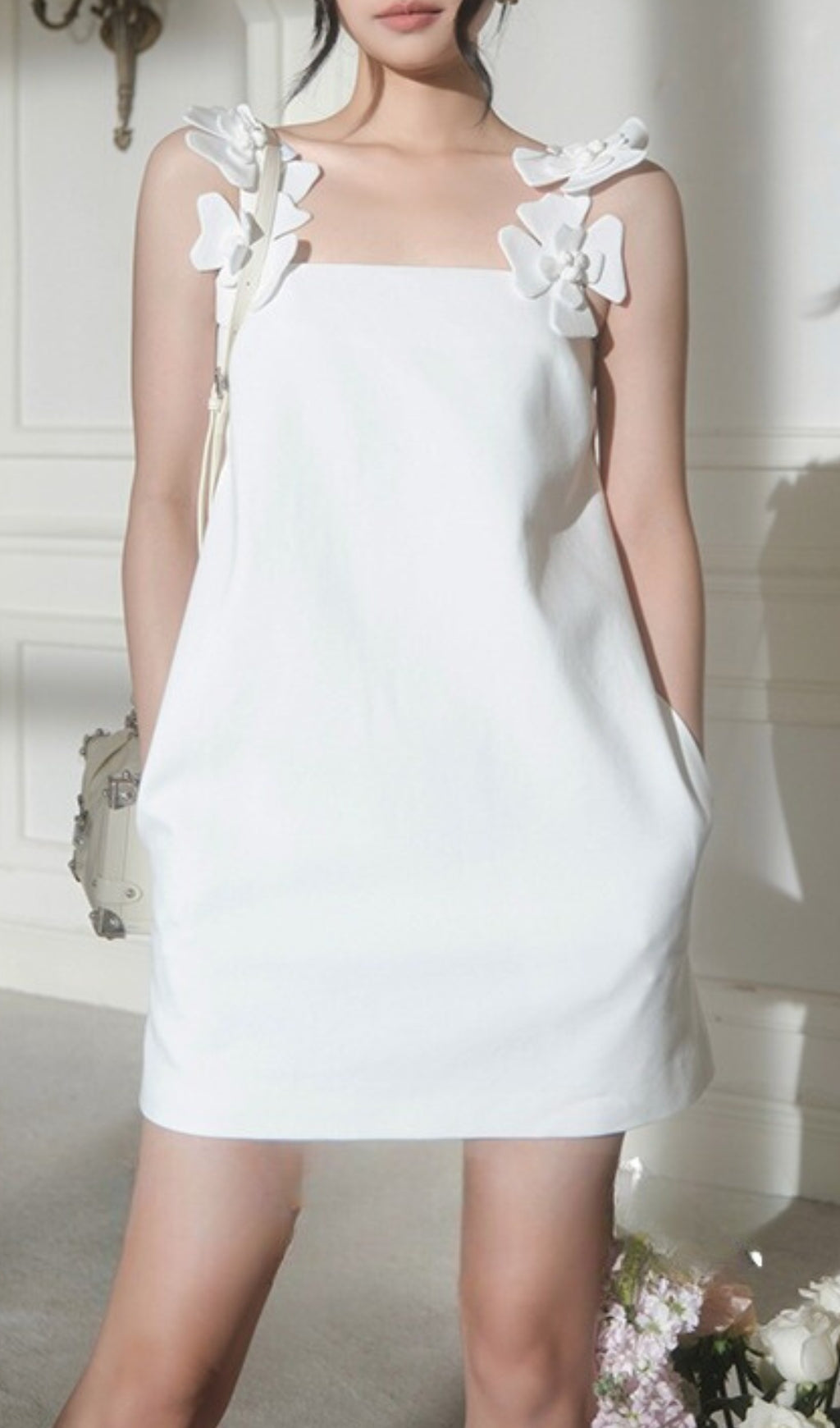 3D Floral Shoulder Strap Halter Mini Dress - Elegant White Summer Party Dress for Women | Perfect for Beach Vacations, Weddings & Date Nights
