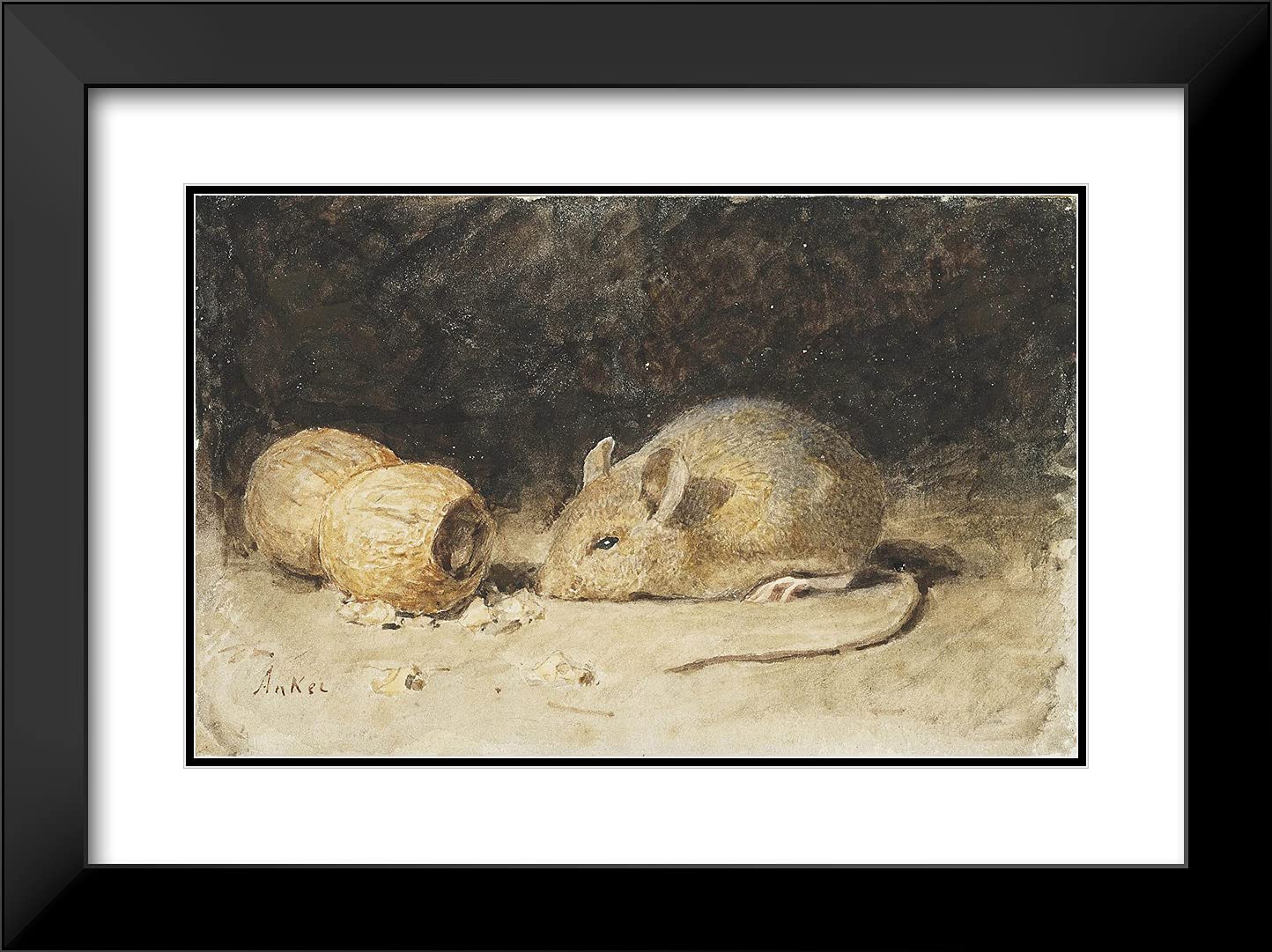 Albert Anker 'A Mouse with a Peanut' 24x18 Inch Black Modern Framed Art Print with Double Matting - Perfect for Living Room, Bedroom, or Office Wall Decor
