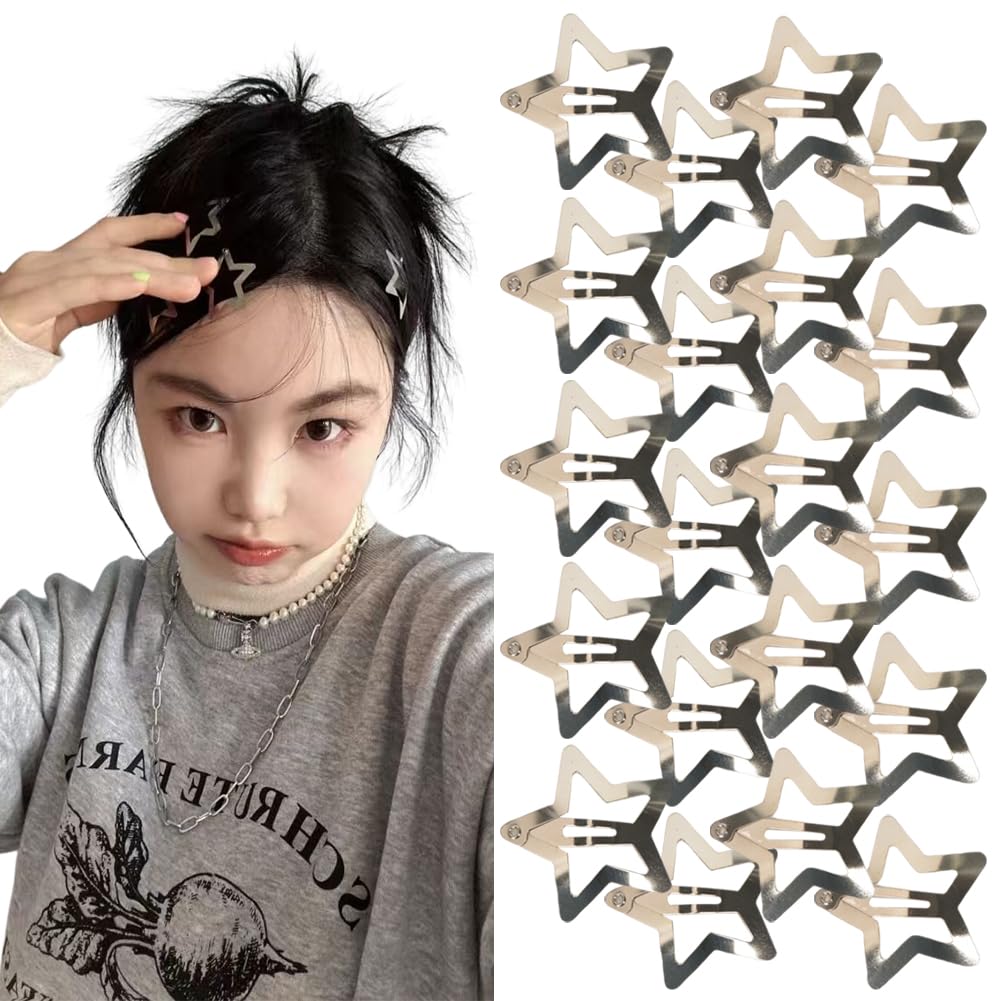 Kefley Y2K Star Hair Clips - 20 Pack Silver Star Shaped Metal Snap Barrettes for Women & Girls | Hair Accessories for Egirls, Cosplay, Parties & Everyday Style