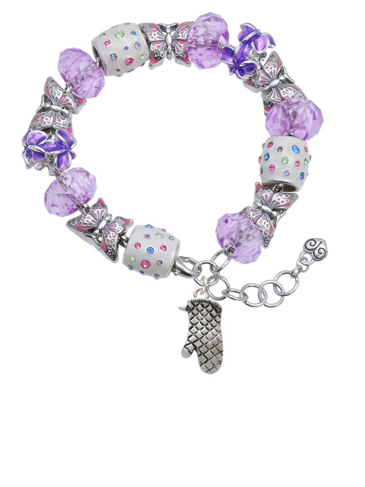 Delight Jewelry Silver-Tone Oven Mitt Purple Butterfly Beaded Charm Bracelet with 7