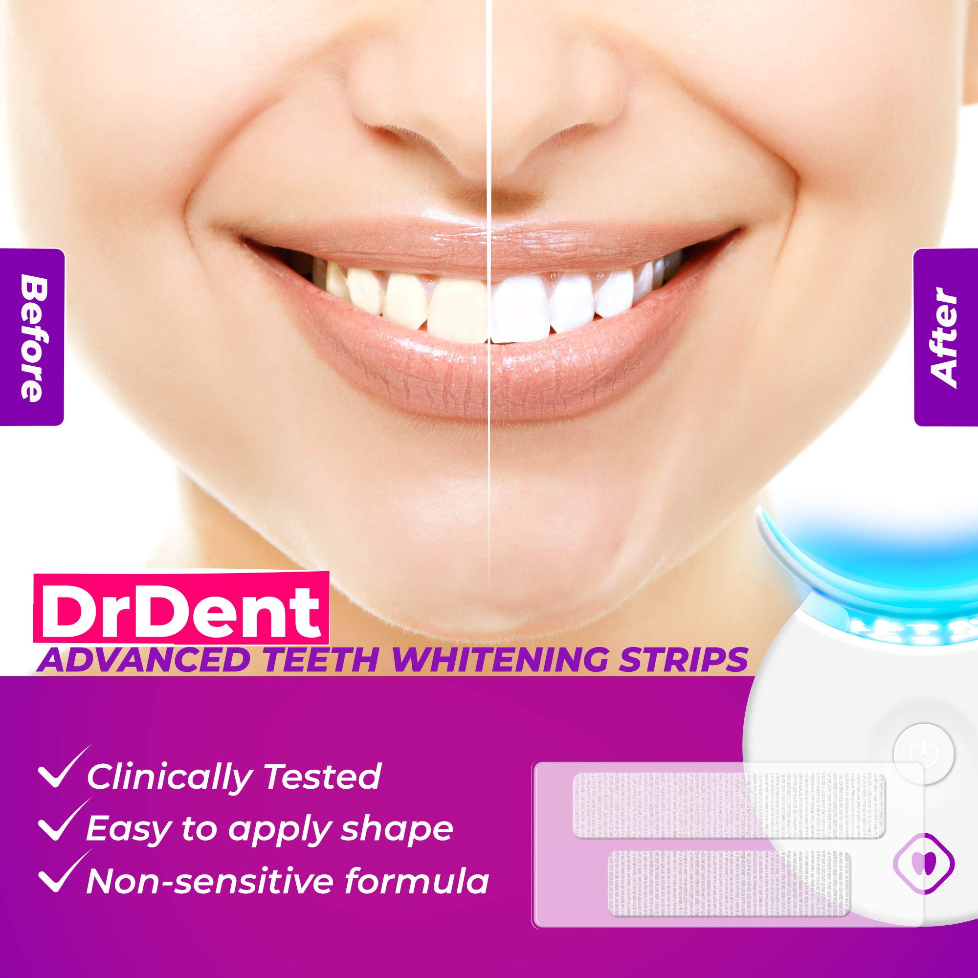 DrDent Advanced Teeth Whitening Strips with LED Light Accelerator - 28 Professional Dental Whitening Strips for Brighter Smile - Enamel Safe, Mint Flavored - Includes Mouth Opener & Shade Guide - Perfect for Home Use, Special Occasions & Confidence Boosting