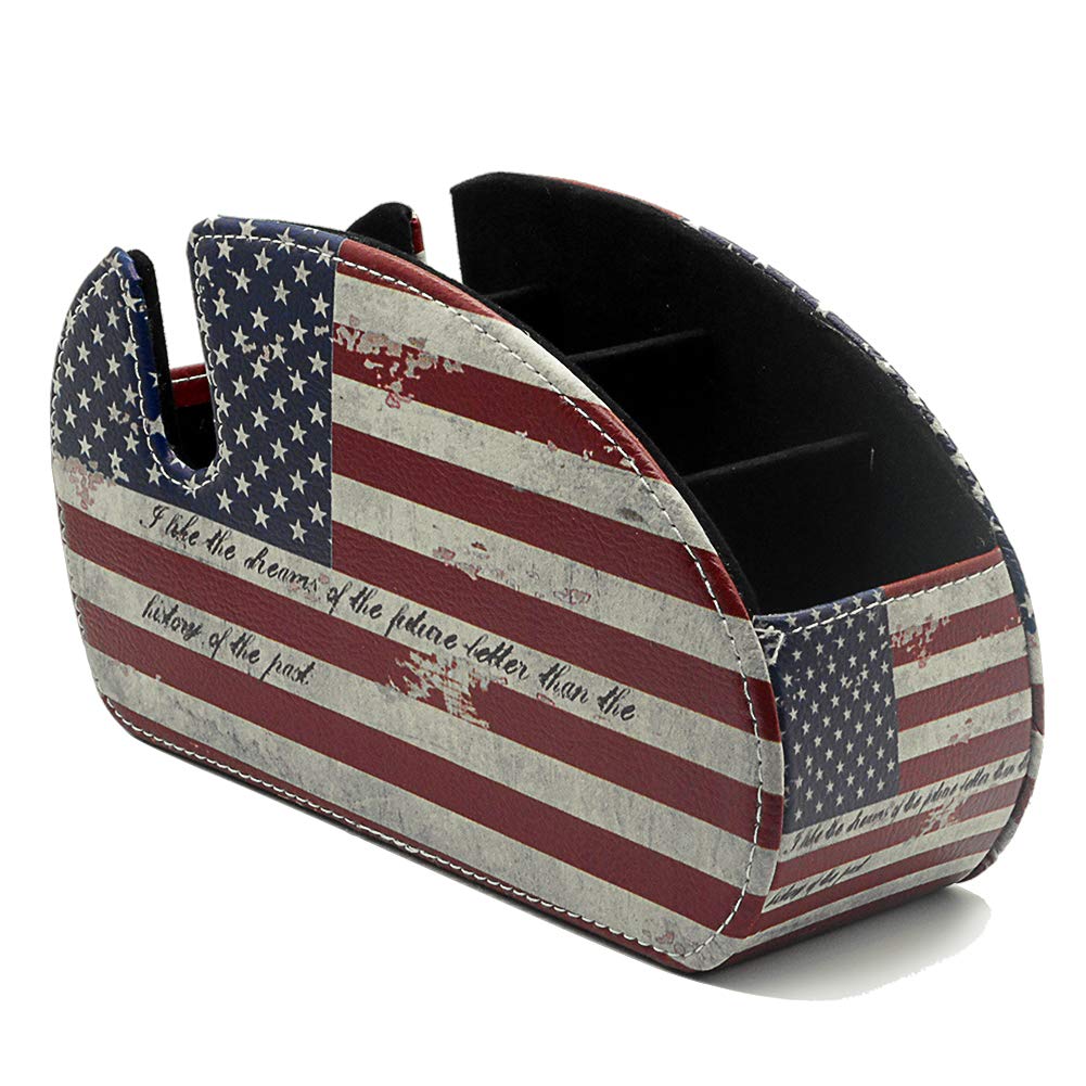 Fosinz Leather Remote Control Holder Organizer - 5 Spacious Compartments for TV Remotes, Phones & Tablets | American Flag Design | Perfect for Living Room, Bedroom & Office Desk Organization