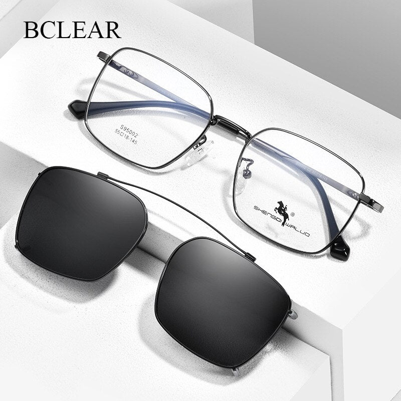Bclear Men's Full Rim Square Alloy Frame Eyeglasses with Clip-On Polarized Sunglasses - ZT95002 | Stylish Prescription Glasses & UV Protection Sunglasses for Driving, Outdoor Activities & Everyday Wear