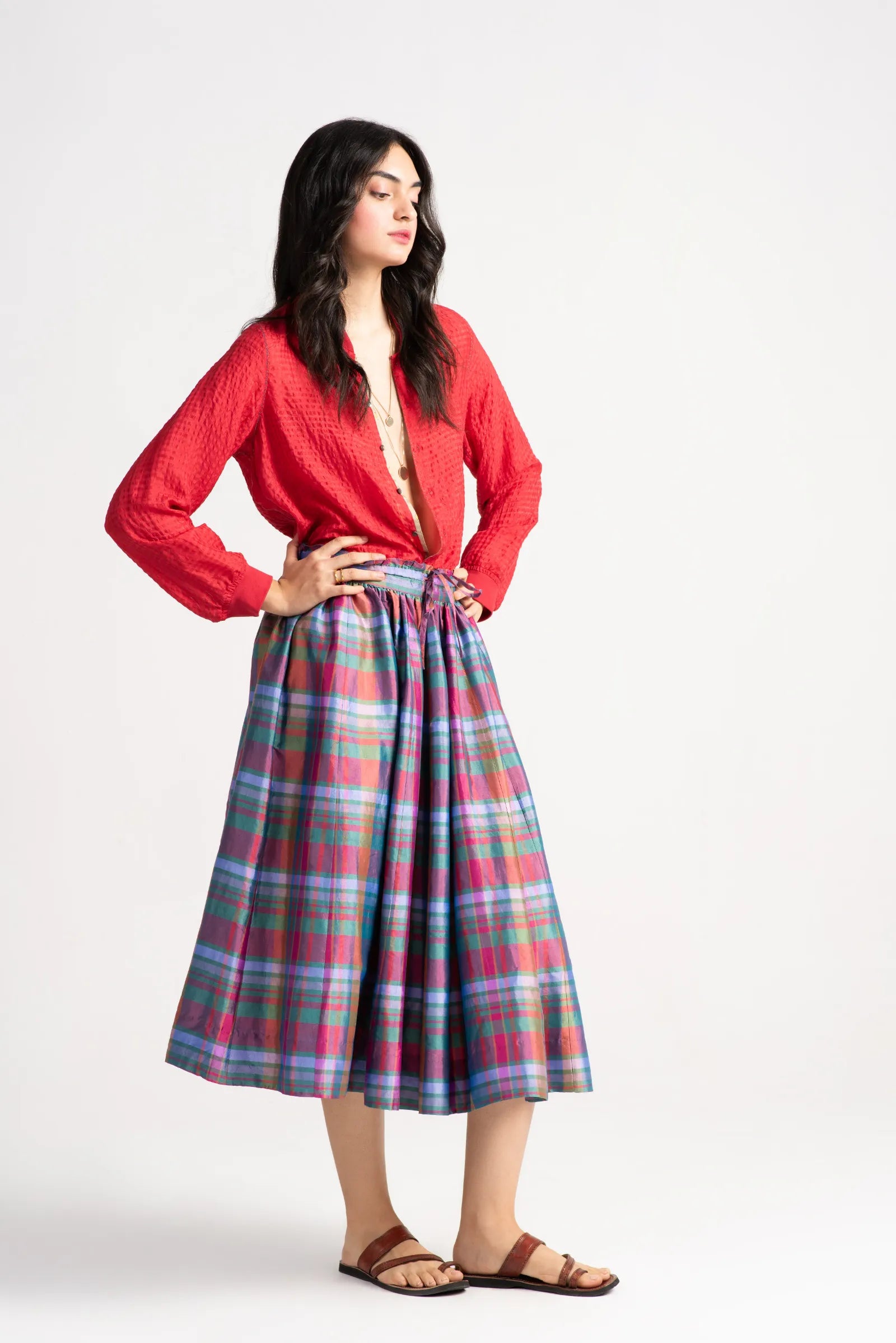 Elegant Nargis Skirt in Silk Dupion Check Amethyst - Perfect for Weddings, Parties & Formal Events