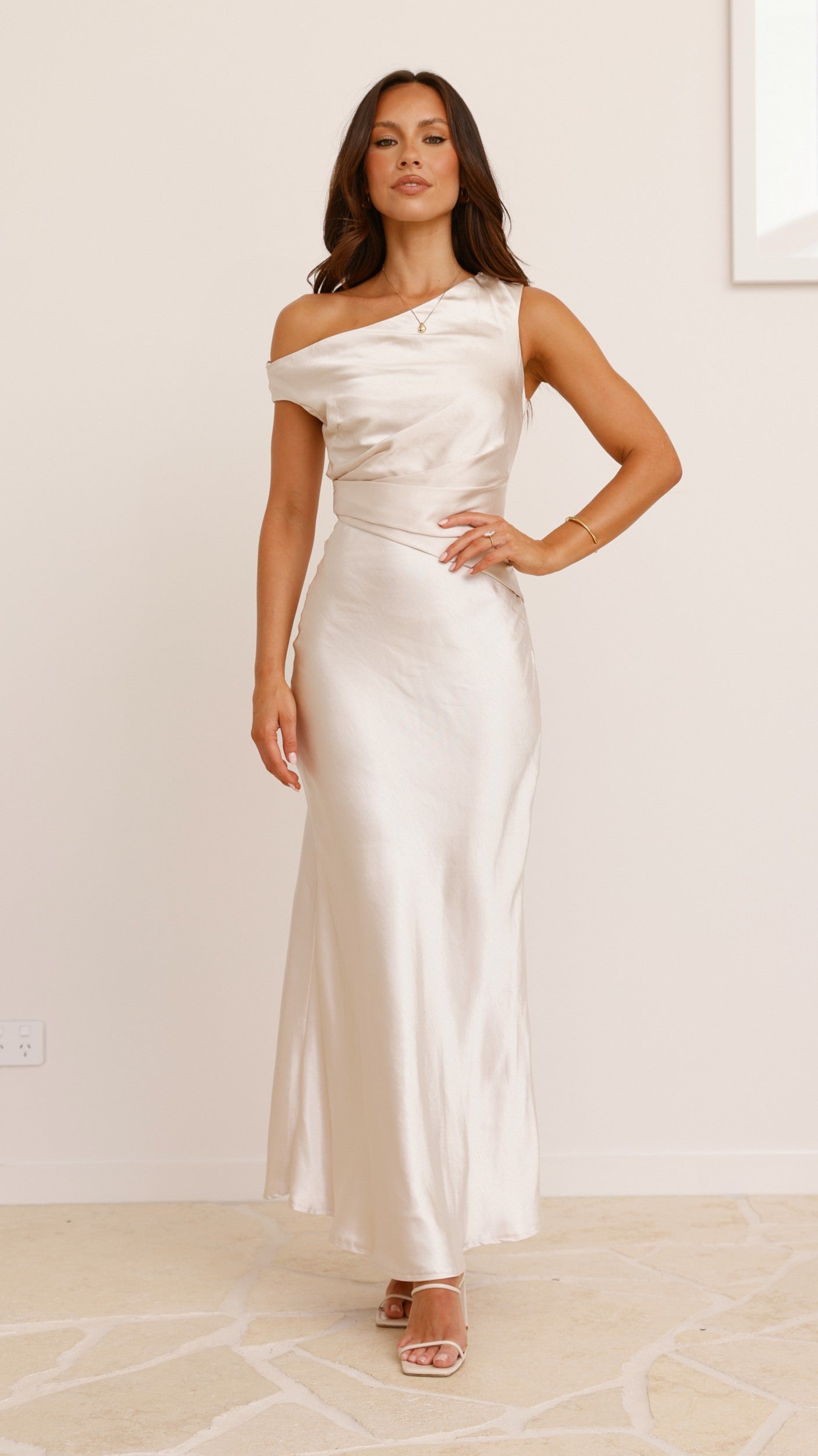 Auria Off Shoulder Maxi Dress in Champagne - Elegant Summer Beach Wedding Guest Dress for Women