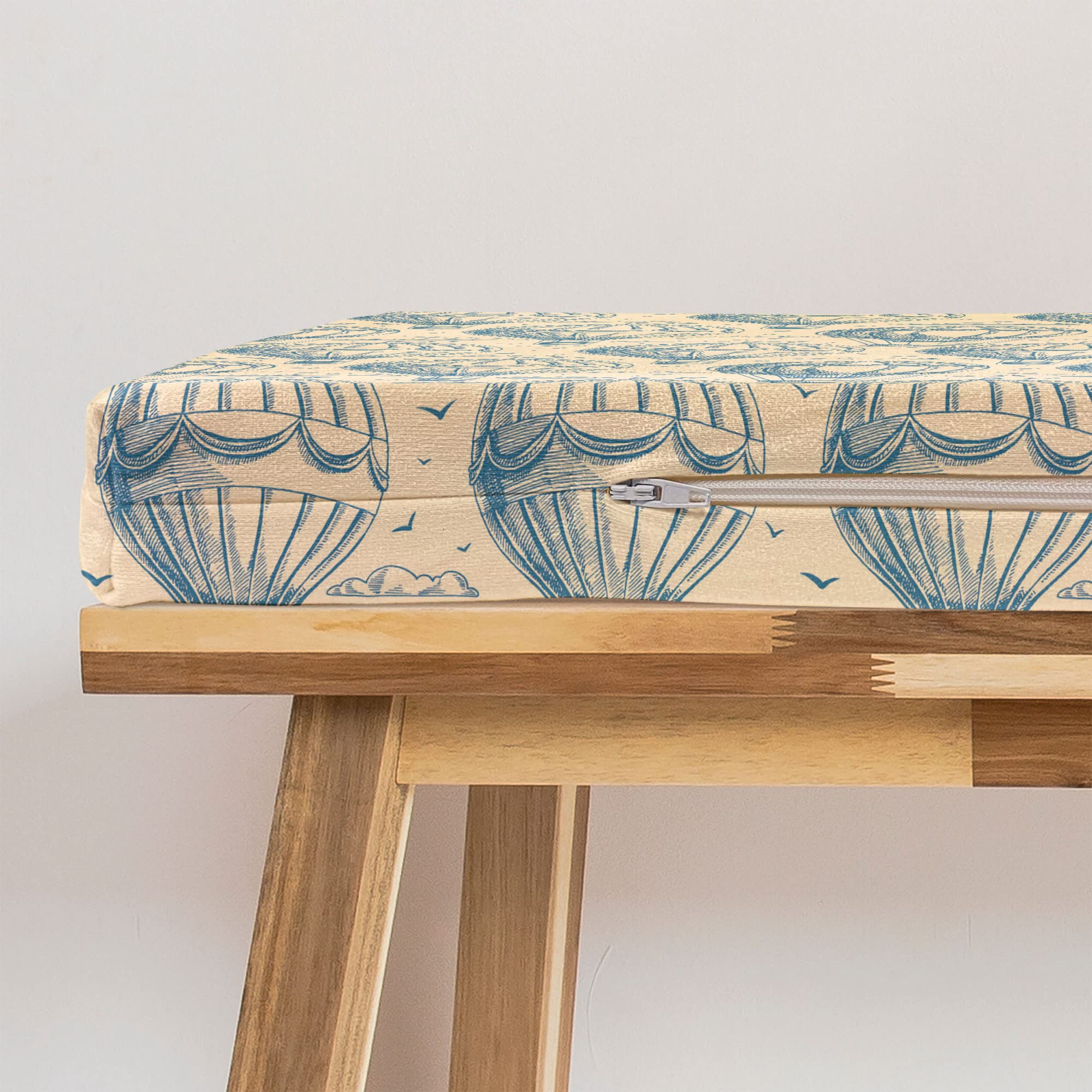 Ambesonne Blue and Beige Bench Cushion - Sketch Art Style Hot Air Balloon & Birds Design - 45