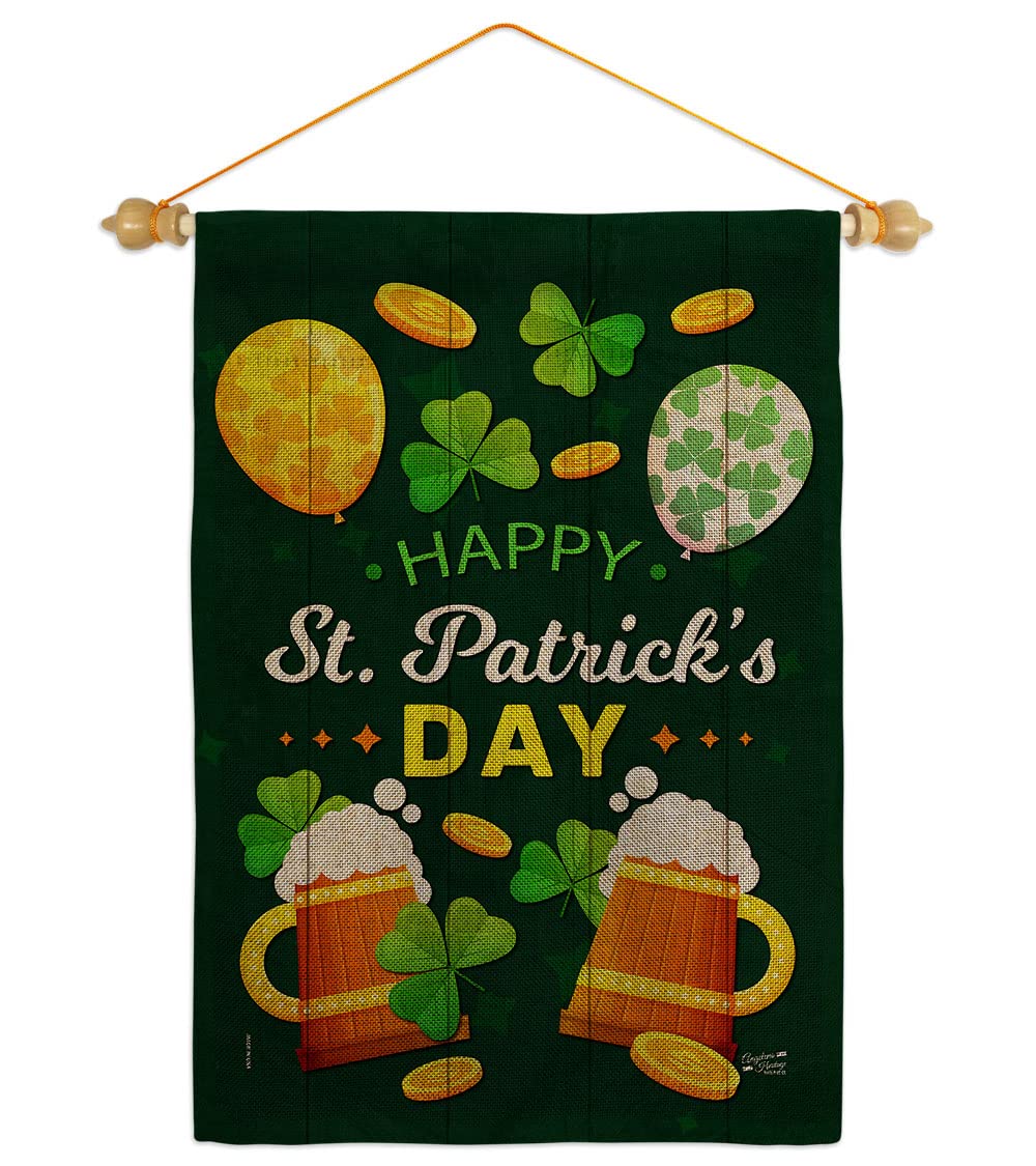 St. Patrick's Day Burlap Garden Flag Set with Wood Dowel - Double-Sided 13x18.5 Inch Irish Shamrock Leprechaun Lucky Coin Design - Perfect for Spring Yard Decor, House Banner & Holiday Gift - Made in USA