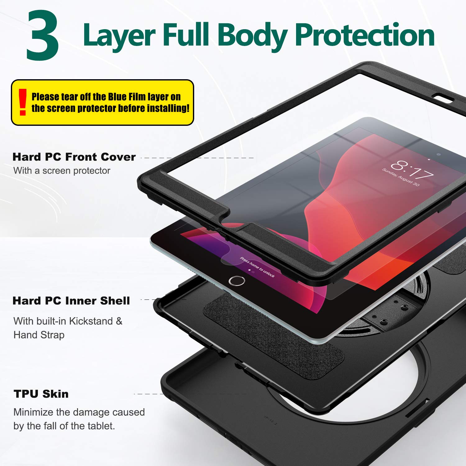 BATYUE iPad 9th/8th/7th Generation Case (10.2 inch 2021/2020/2019 Model) with Screen Protector - Rotating Stand, Hand Strap, Pencil Holder & Cap - Protective Cover for iPad - Perfect for Work, Study & Travel (Black)