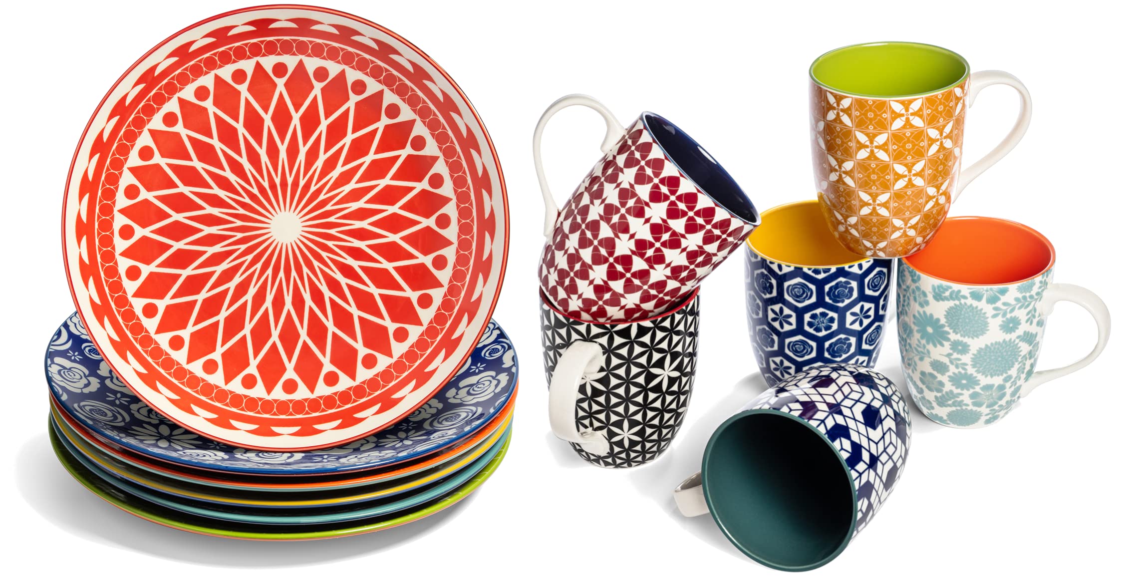 Annovero Colorful Porcelain Coffee Mugs & Dinner Plates Set - Microwave & Dishwasher Safe Kitchen Dishes for Daily Use, Parties & Gifts