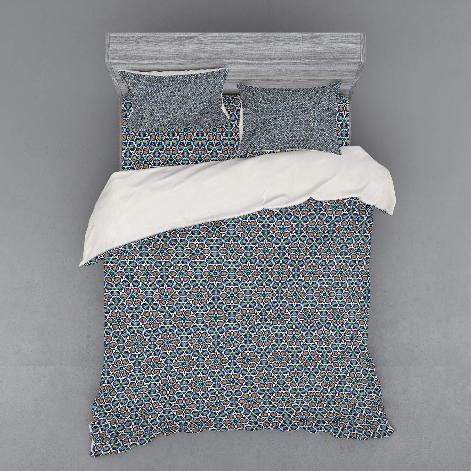 Ambesonne Floral Queen Size Bedding Set - 3 Piece Duvet Cover with Sham & Fitted Sheet, Oriental Blooming Flowers Print, Multicolor - Perfect for Master Bedroom, Guest Room & Bohemian Home Decor